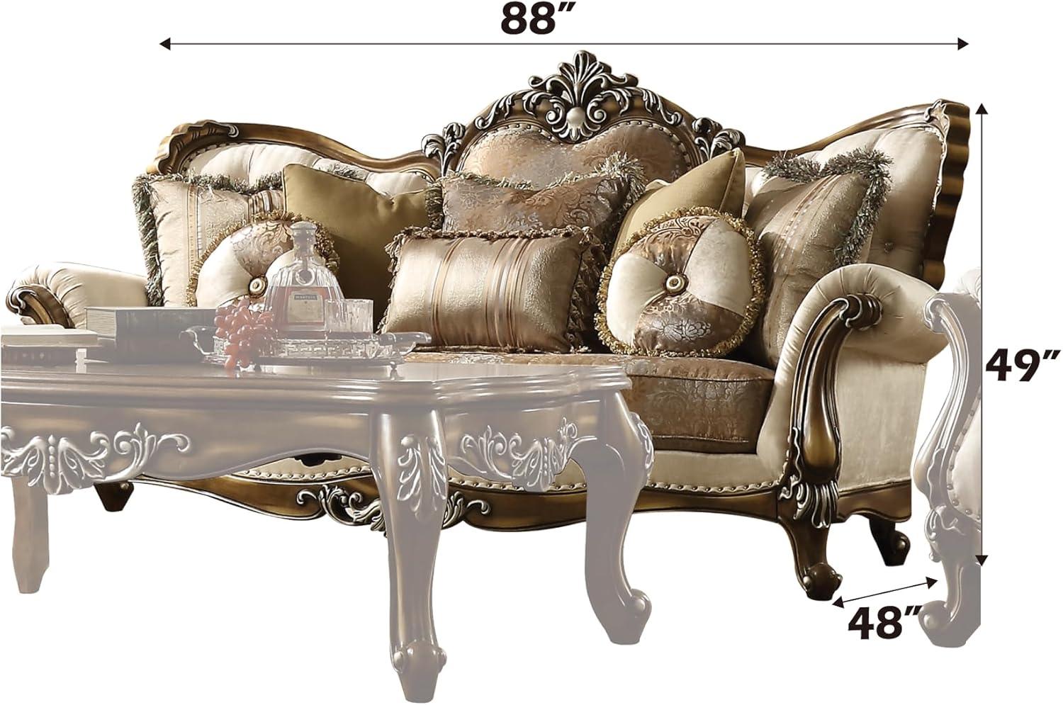 Acme Furniture 88" Latisha Fabric Pattern Sofa Tan/Antique Oak: Includes 4 Pillows, Nailhead Trim, Wood Frame