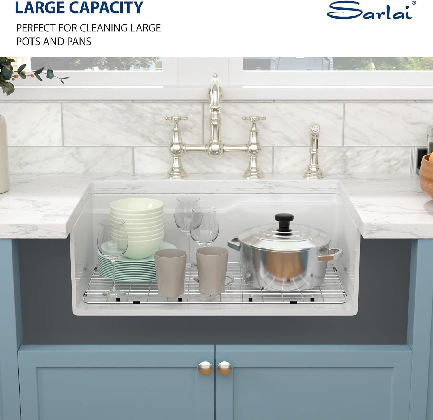 Sarlai White Workstation Kitchen Sink 32 Inch White Undermount Kitchen Sink Ceramic Sinks Drop In Single Bowl Ledge Workstaion Topmount Fireclay Basin 32 x19 x10 Inch