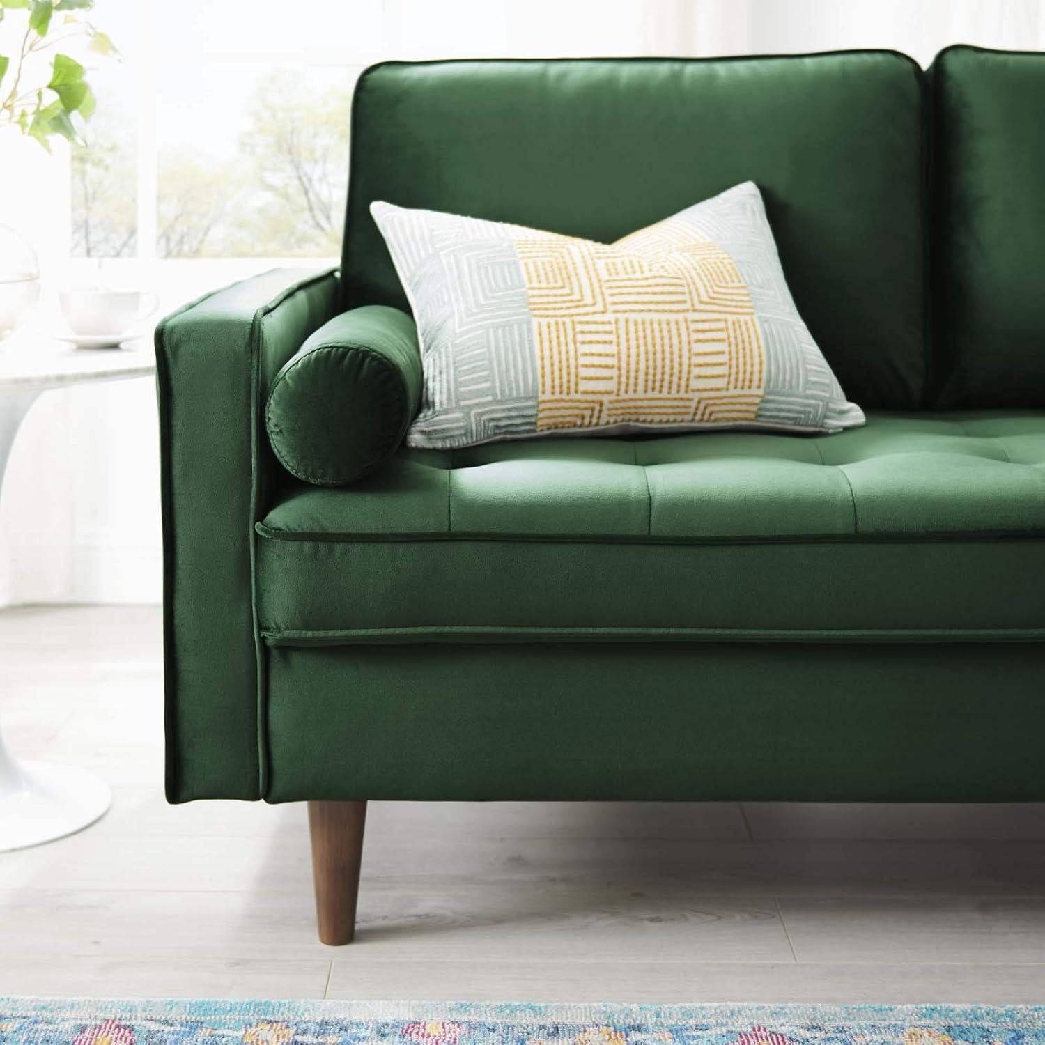 Green Velvet Tufted Loveseat with Walnut Legs