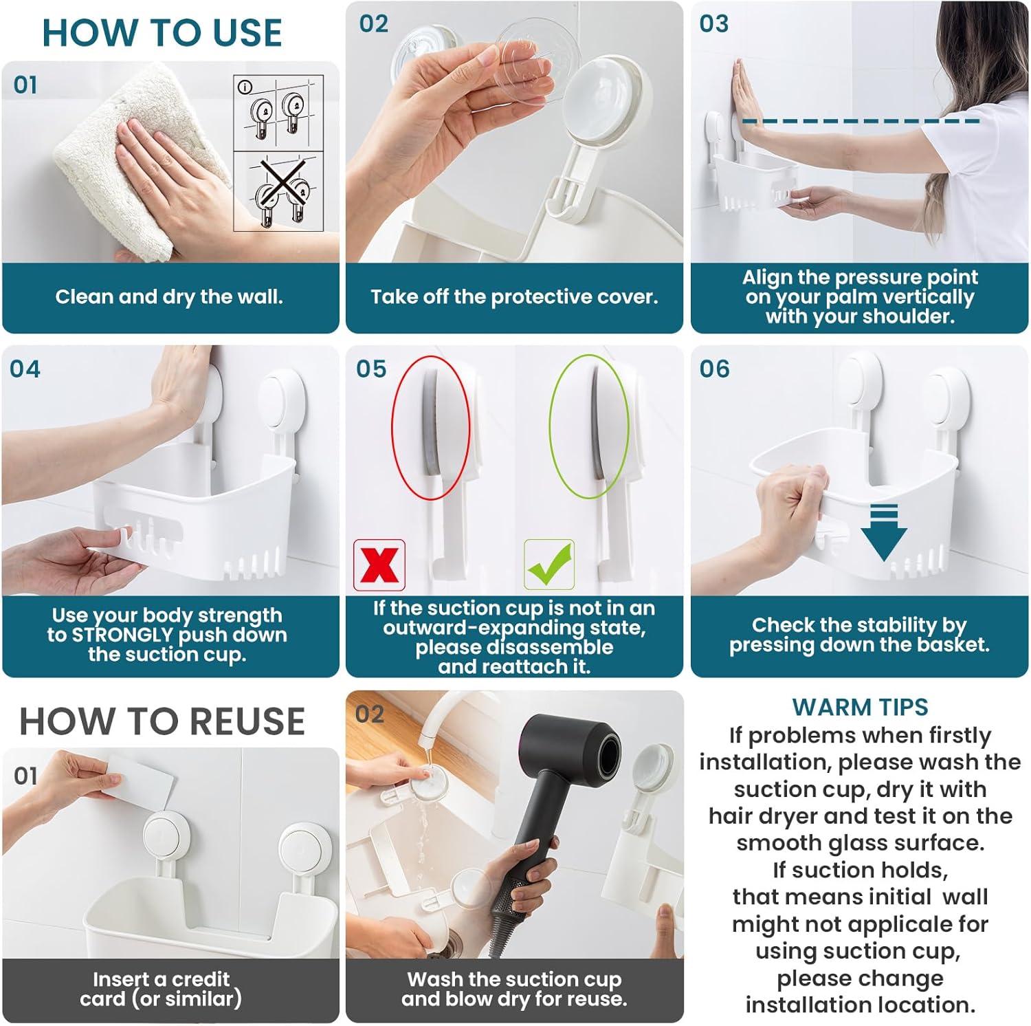 Rebrilliant Shower Caddy Suction Cup 2 Pack,Removable Shelves,Wall Mounted for Bathroom Accessories,White