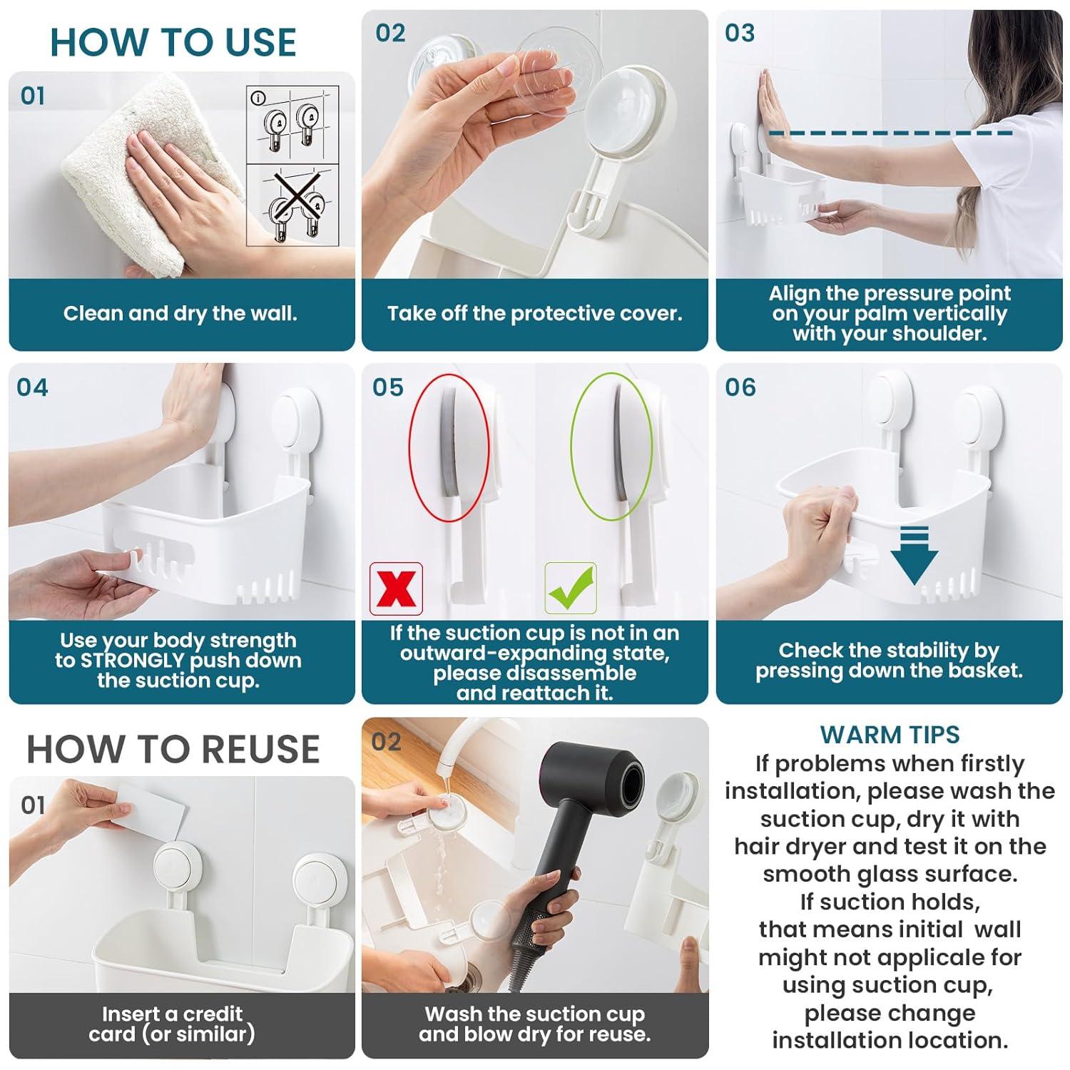 Rebrilliant Shower Caddy Suction Cup 2 Pack,Removable Shelves,Wall Mounted for Bathroom Accessories,White