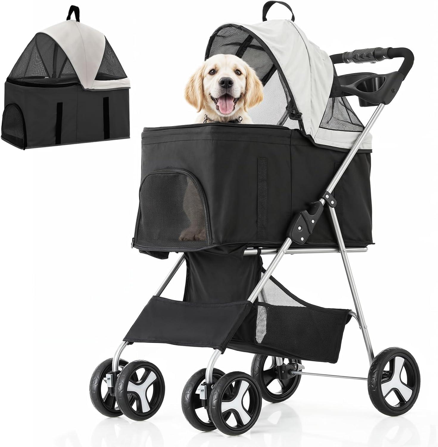 MoNiBloom Folding Pet Stroller, Foldable Dog Jogger Stroller with Detachable Carrier, Basket and Cup Holder