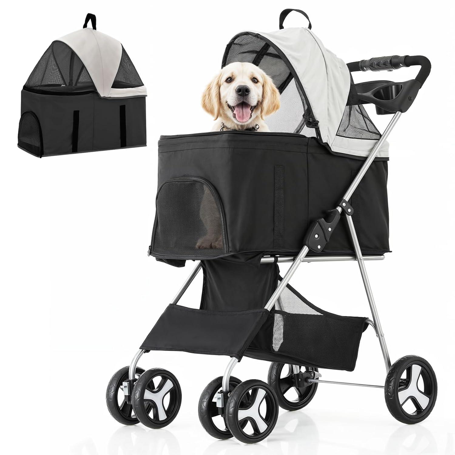 MoNiBloom Folding Pet Stroller, Foldable Dog Jogger Stroller with Detachable Carrier, Basket and Cup Holder
