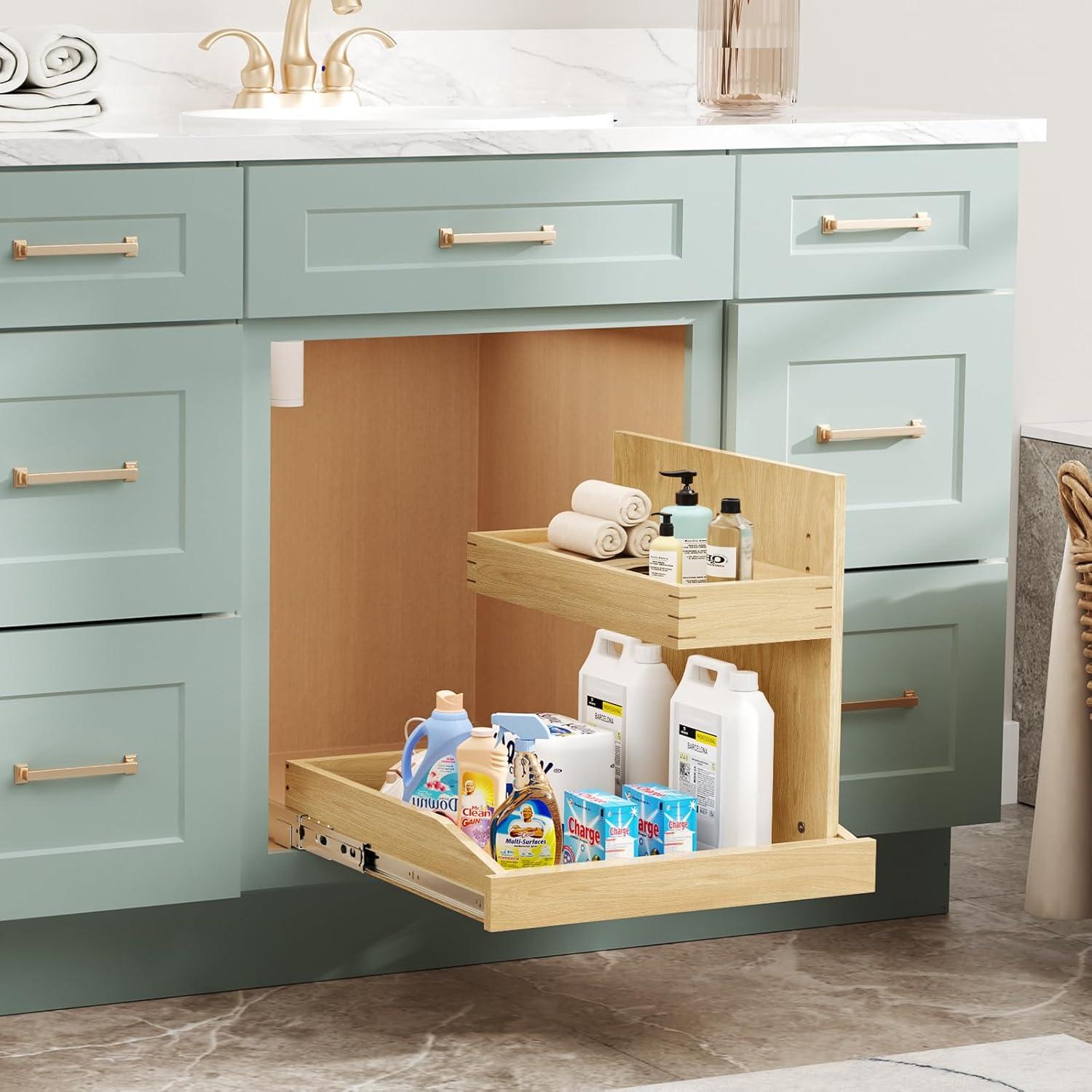 Under Sink Organizers 22½” W x 21” D, 2 Tier Pull Out Cabinet Organizer with Soft Close, Adjustable Multi-Purpose Under Sink Organizer, Right