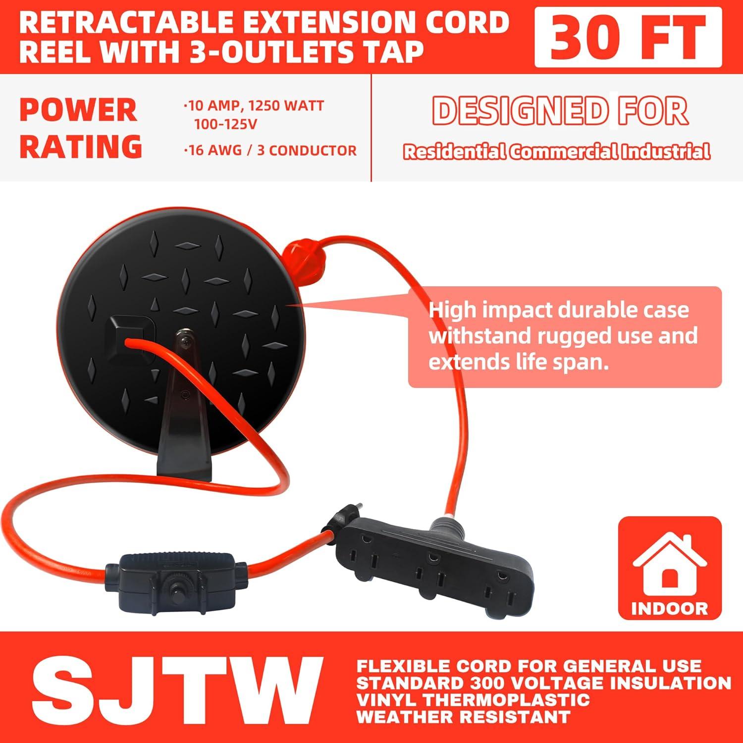 EP 30 Ft Retractable Extension Cord Reel, 16/3 SJTW Power Cord with 3 Electrical Outlets, Ceiling or Wall Mount, 10 Amp Circuit Breaker, Metal Plate, UL Listed, Red