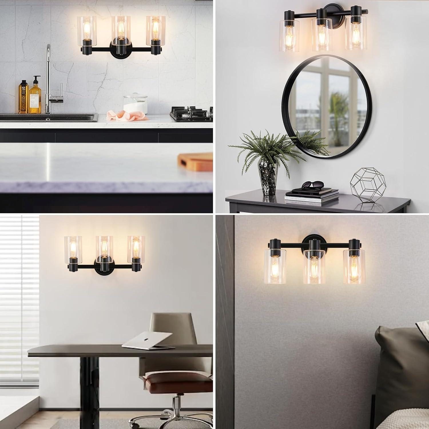 3-Light Bathroom Light Fixtures Bathroom Vanity Lights with Clear Glass Shades Matte Black Bathroom Light Fixtures over mirror for Mirror Living Room Cabinet Bedroom Porch