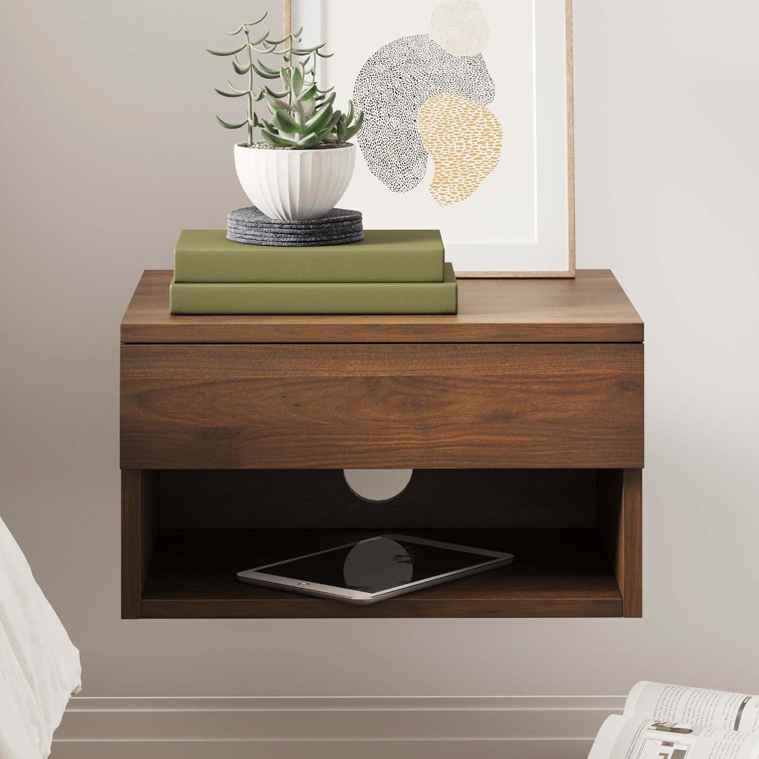 Walnut Floating Nightstand with Drawer and Open Shelf