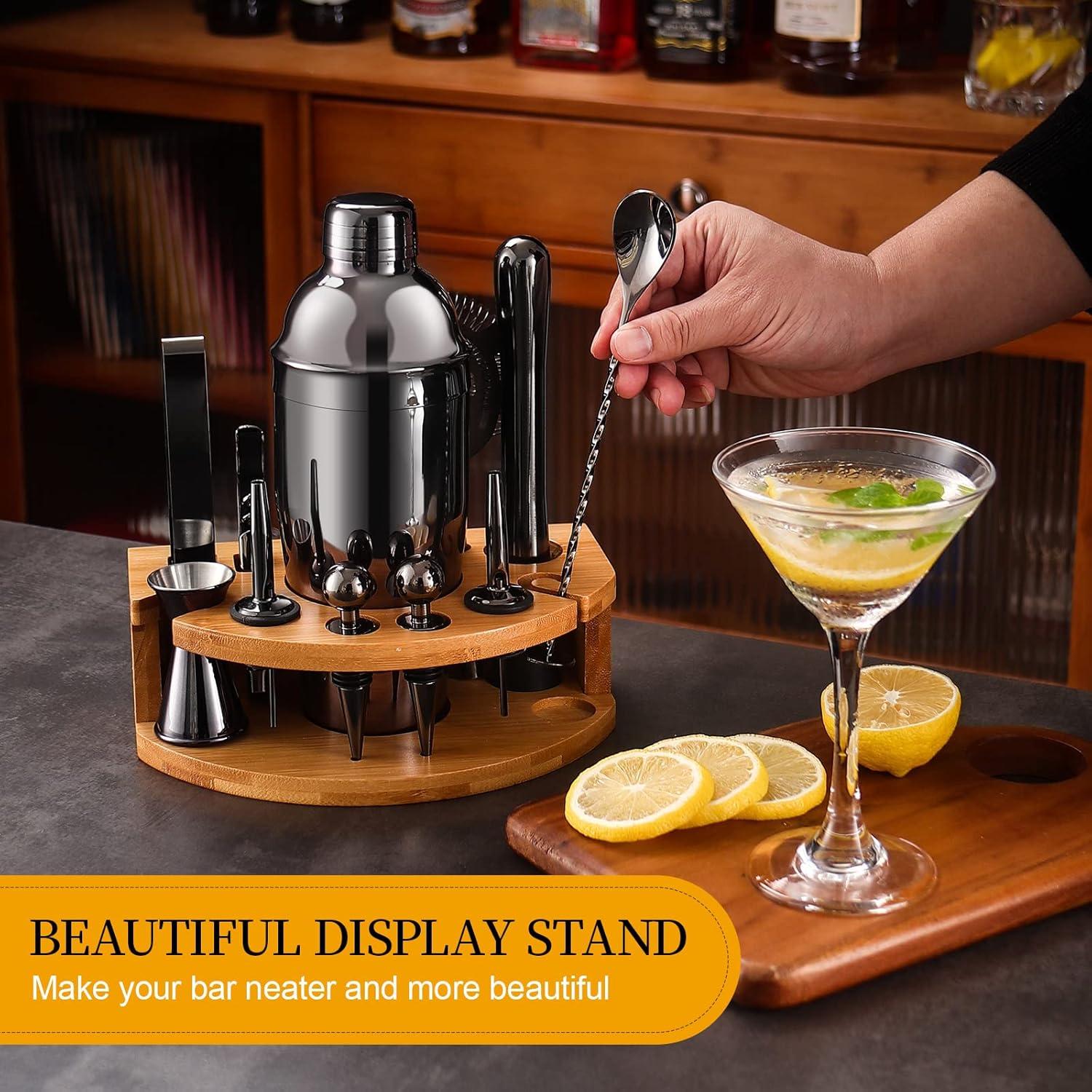 Black Stainless Steel Bartender Kit with Bamboo Stand