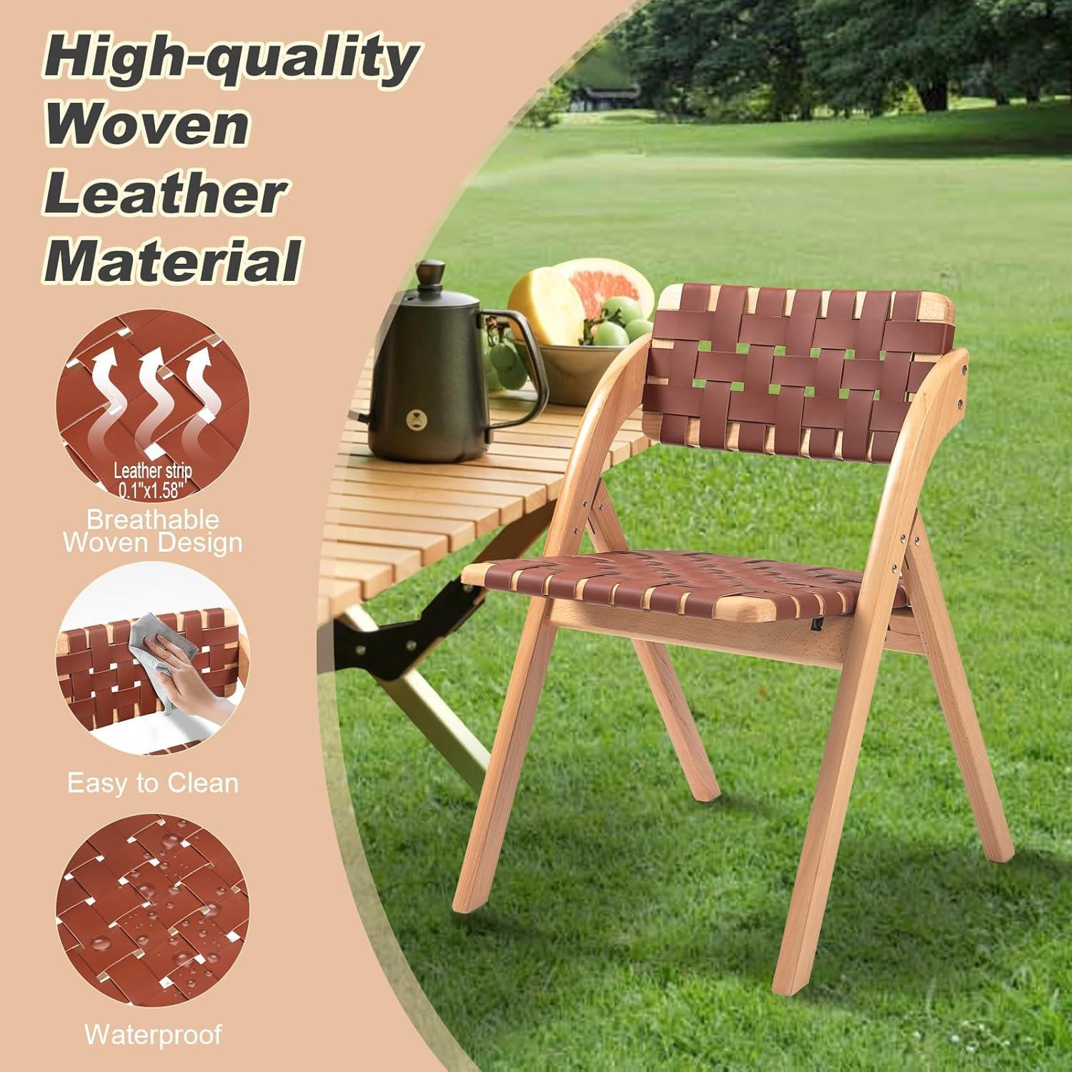 Folding Chairs Set of 2, Wooden Foldable Dining Chairs, Stackable Folding Extra Chair with Breathable Leather-Woven Design for Indoor & Outdoor, Brown