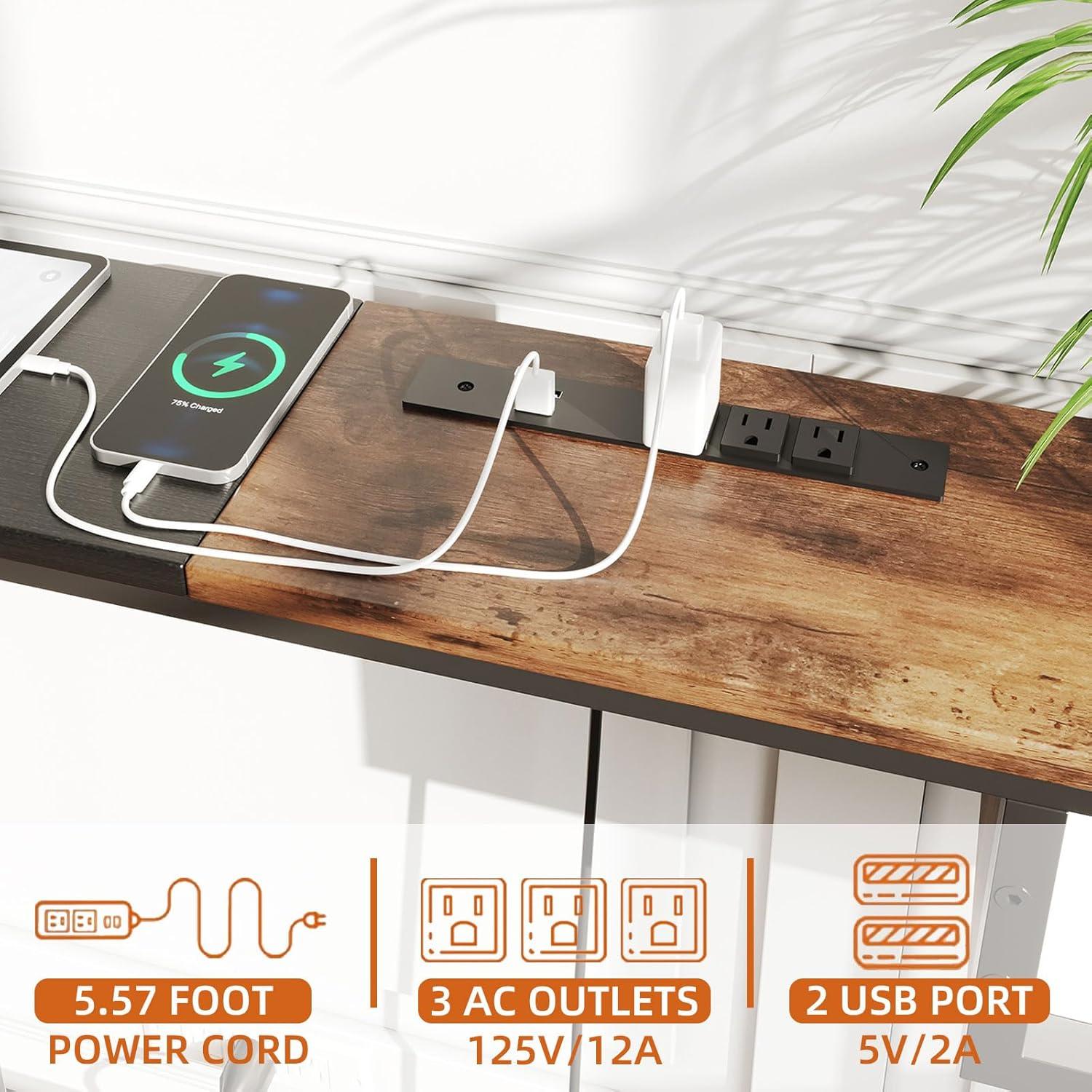 VASAGLE Narrow Console Table 70.9" with 2 Outlet and 2 USB Ports Sofa Table with Charging Station Long Entryway Table Rustic Brown and Black