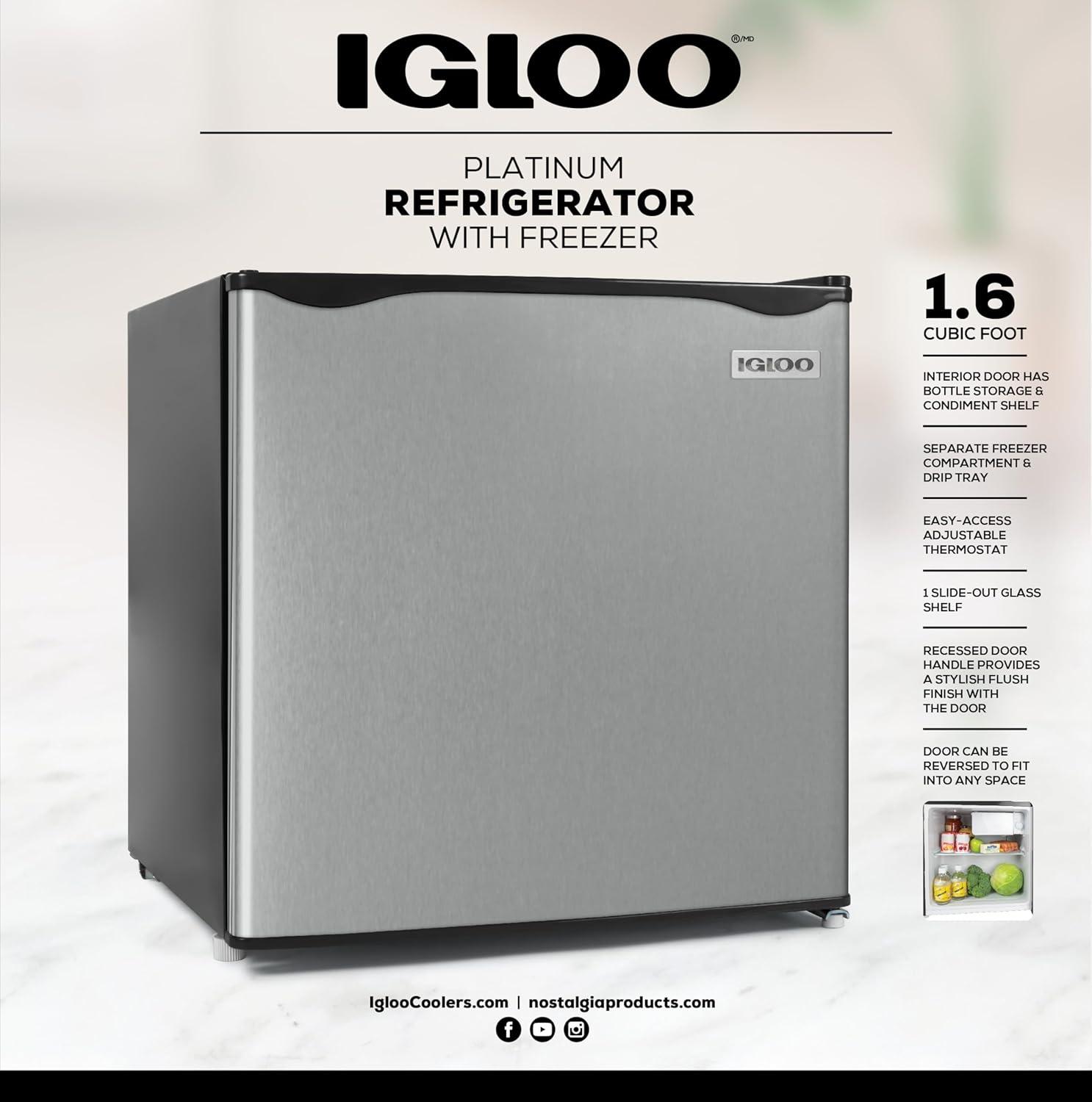 Igloo 1.6 Cu.Ft. Refrigerator With Freezer, adjustable thermostat, glass shelves, adjustable feet, includes ice scraper, ice cube tray, and freezer drip tray, Platinum