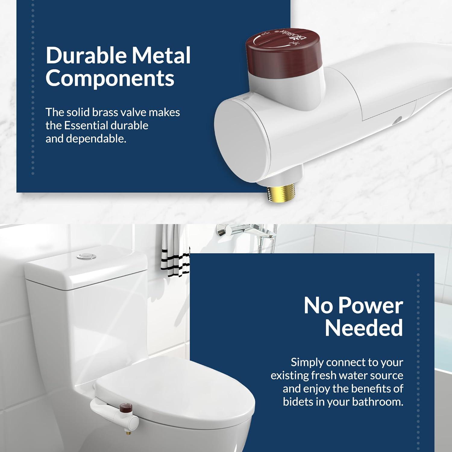 Bio Bidet Essential Bidet Toilet Attachment in White with Dual Nozzle, Fresh Water Spray, Non Electric, Easy to Install, Brass Inlet and Internal Valve,