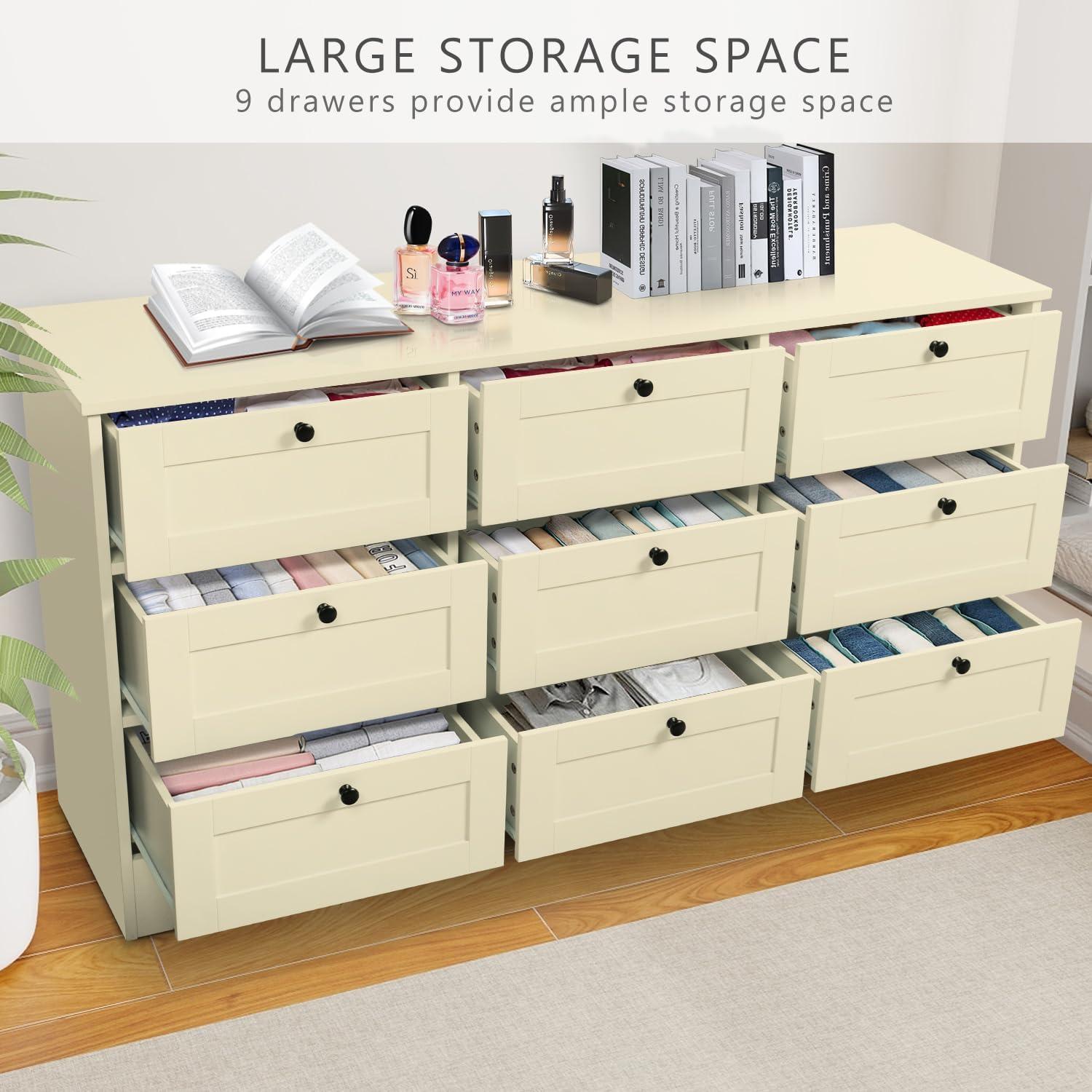 Beige Double 9-Drawer MDF Wood Dresser