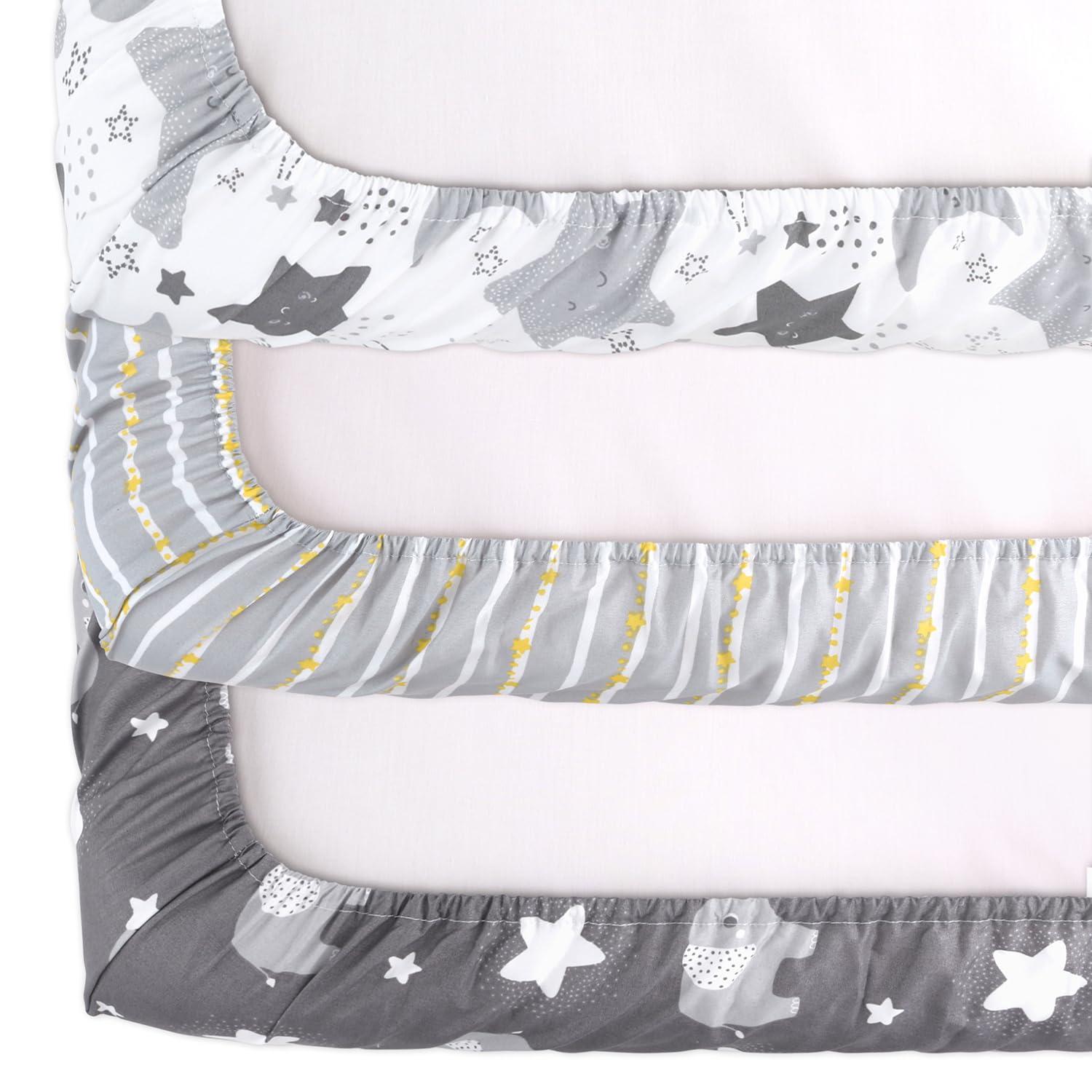 The Peanutshell Pack n Play, Mini Crib, Portable Crib or Fitted Playard Sheets for Baby Boy or Girl, Celestial Elephant, 3 Pack Set