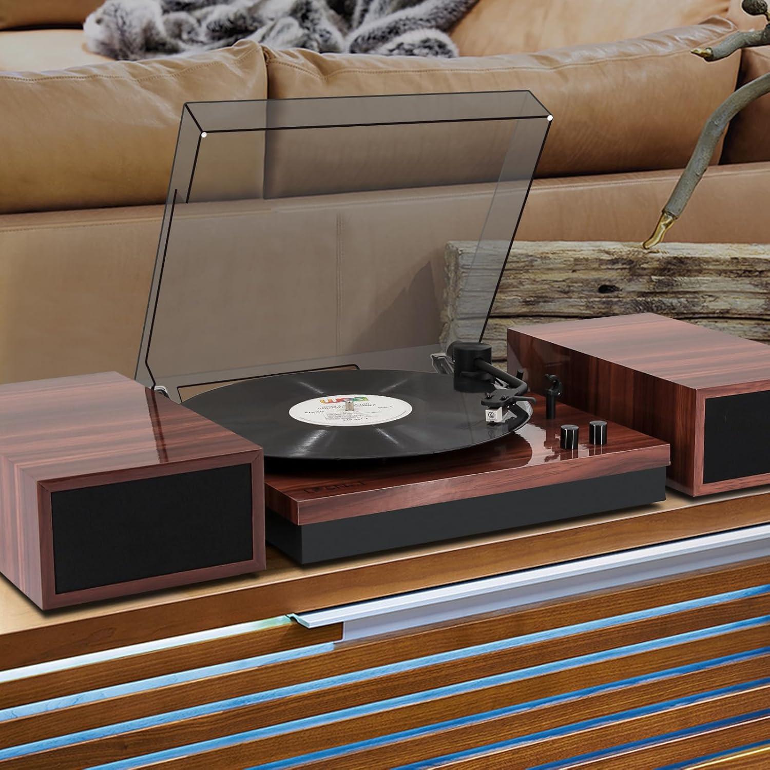 Vintage Brown Wood 3-Speed Belt-Drive Turntable with Speakers