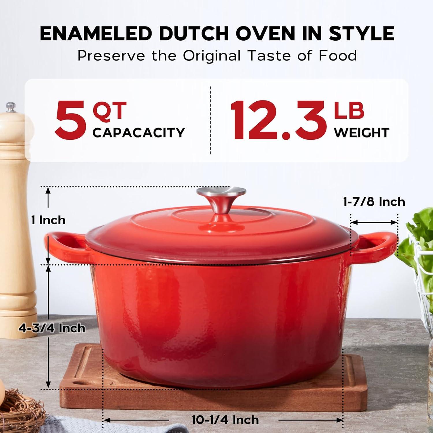 Onader 5QT Enameled Cast Iron Dutch Oven, Round Dutch Oven Pot with Lid for Sourdough Bread Baking - Red