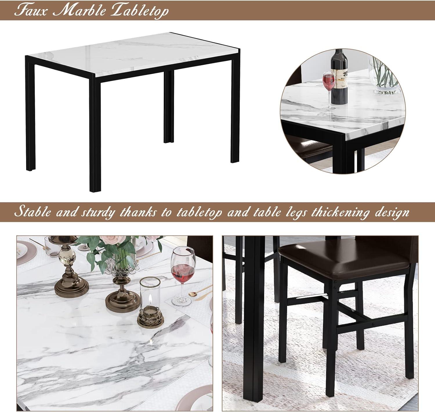 5 Piece Dining Set, Modern Dining Table and Chairs Set for 4, Kitchen Dining Table Set with Faux Marble Tabletop and 4 PU Leather Upholstered Chairs, for Small Space, Breakfast Nook, D8835