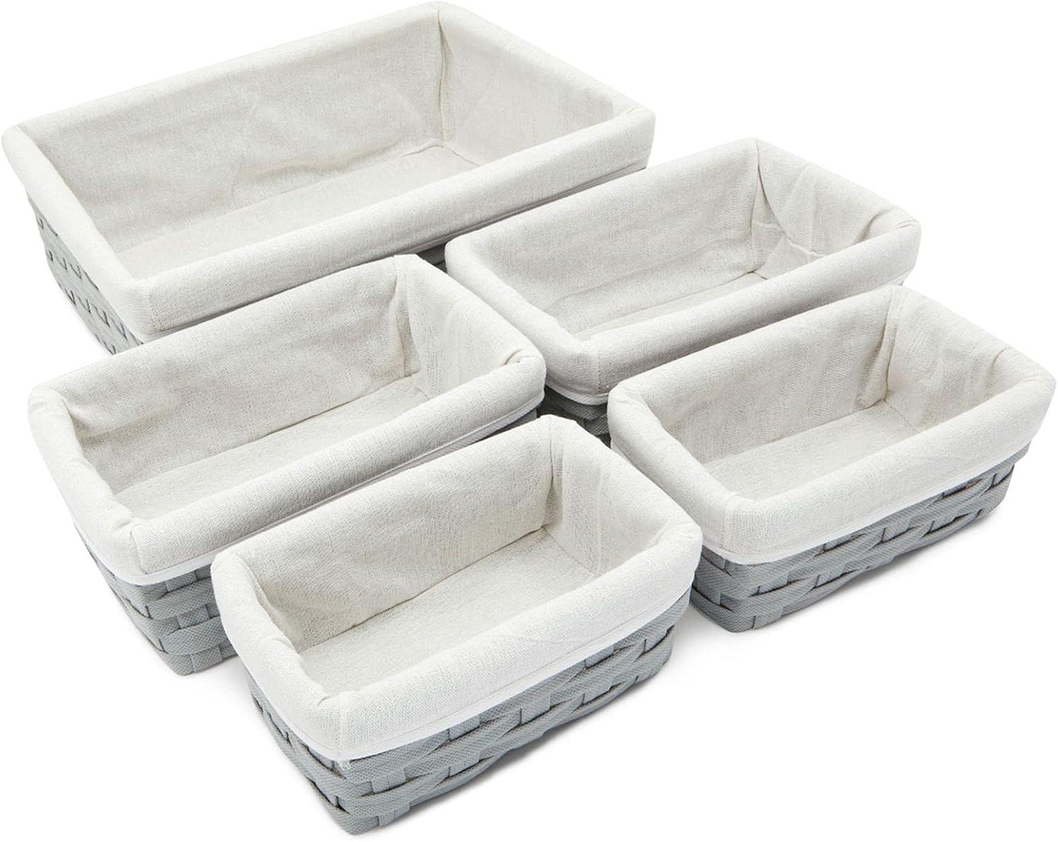 5 Pack Wicker Nesting Baskets with Cloth Lining for Pantry Shelves, Rectangular Storage Bins for Organizing Closet (Brown, 3 Sizes)