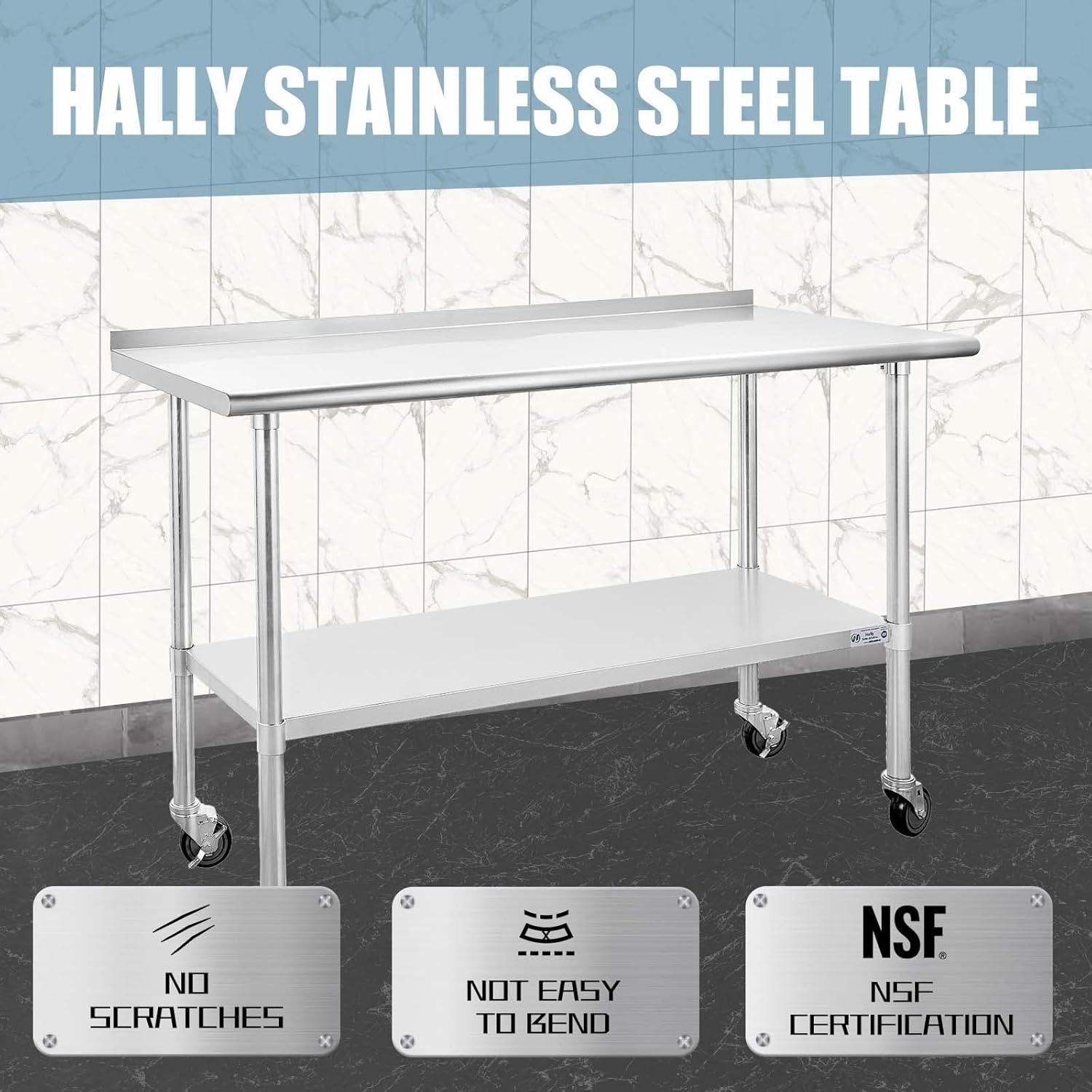 Stainless Steel Table with Wheels 24 x 60 Inches Metal Prep Table with Adjustable Undershelf for Commercial Kitchen, Outdoor, Restaurant, Hotel & Garage