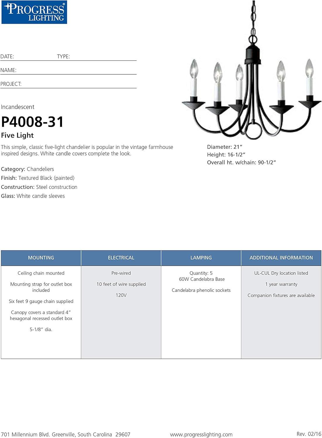 Trinity Textured Black 5-Light Chandelier with White Candle Covers