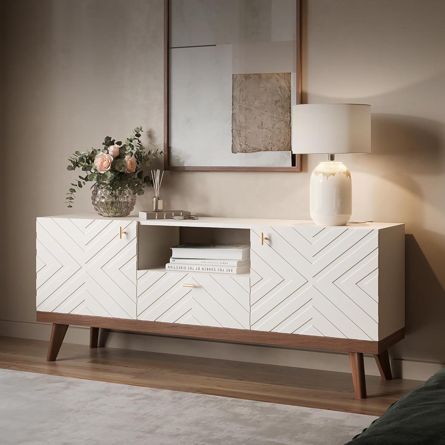 Living Skog  Alba Beige TV Stand Console with Drawer Fits TV's up to 65 in. with Wood Legs Mid Century Modern Design Beige Laminate Up to 240 lbs