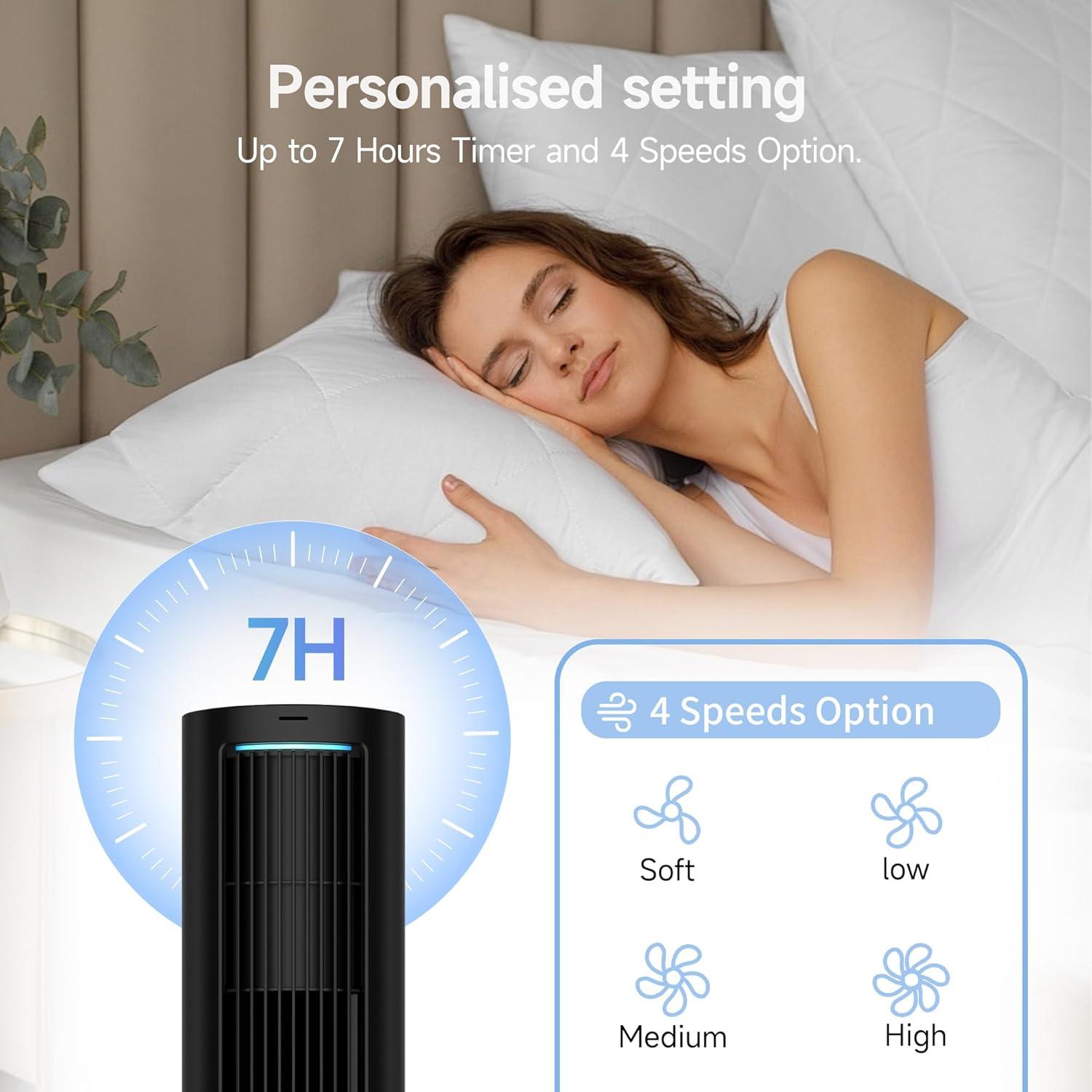 PhiloDeco Bedroom Tower Fan, 40 in Bladeless Fan, 80 ° Oscillating Fan, Silent Floor Fan with Remote Control Led, 4-Speed Multiple Modes, 7h Timer, Large Air Outlet, Vertical Fan For Home