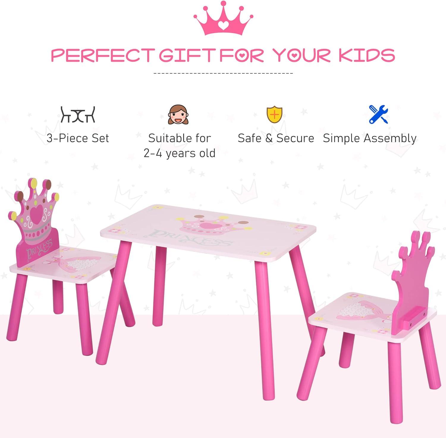 Qaba 3-Piece Kids Wooden Table and Chair Set with Crown Pattern Gift for Girls Toddlers Arts Reading Writing Age 2-4 Years Pink