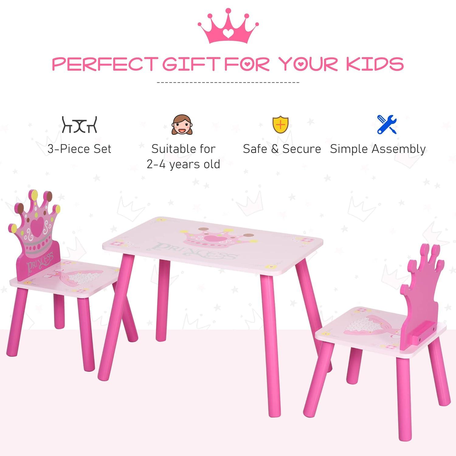 Qaba 3-Piece Kids Wooden Table and Chair Set with Crown Pattern Gift for Girls Toddlers Arts Reading Writing Age 2-4 Years Pink