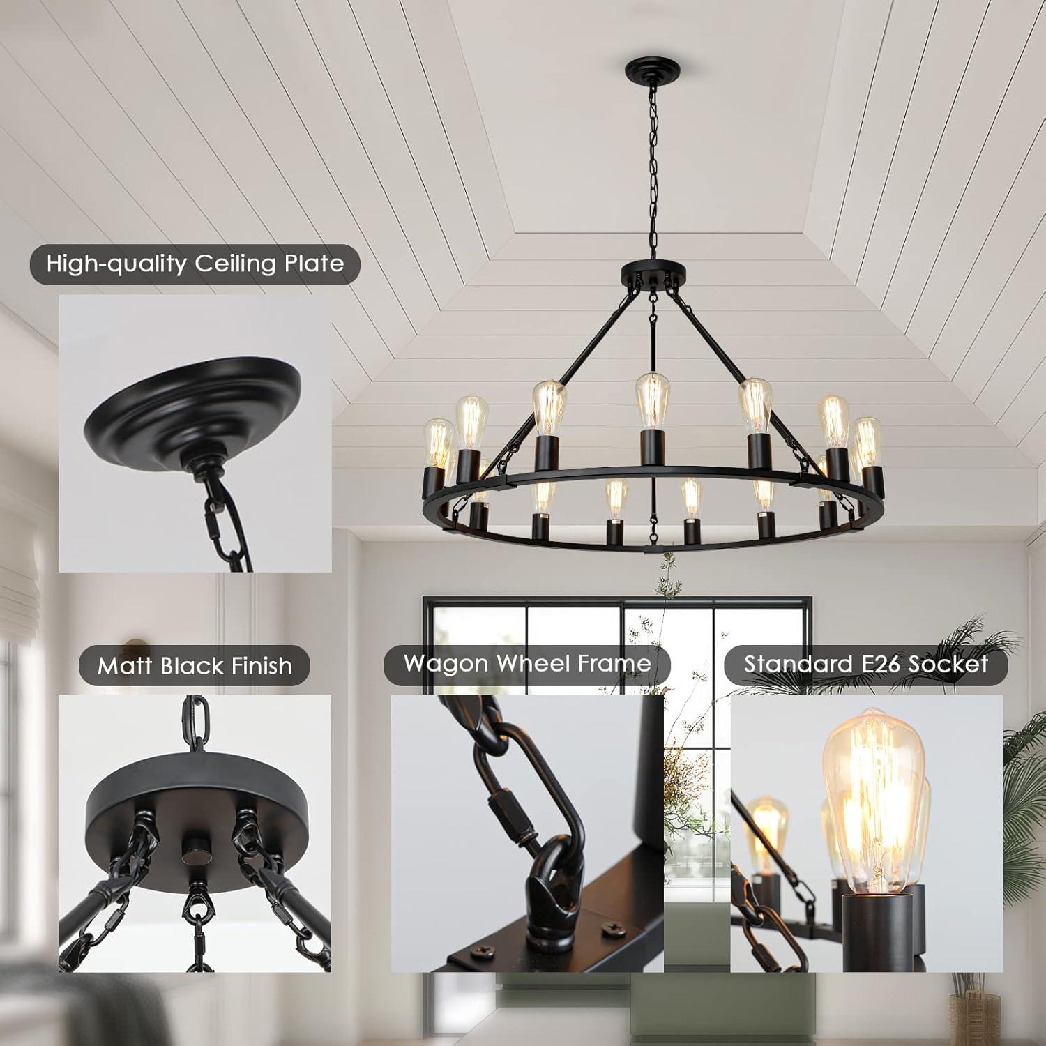 Black Metal 40'' Round Wagon Wheel Chandelier with 15 Lights