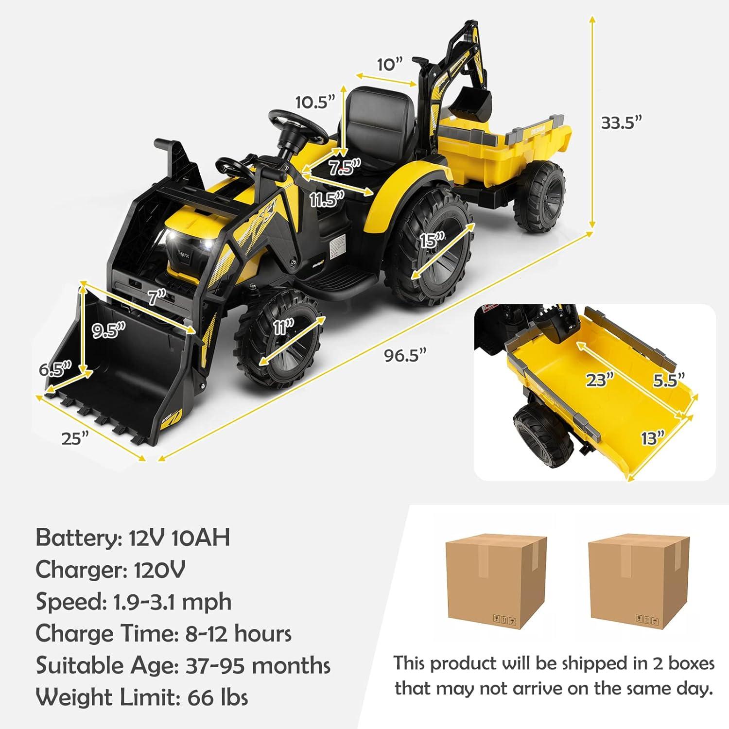 Yellow 12V Kids Ride-On Excavator with Remote Control