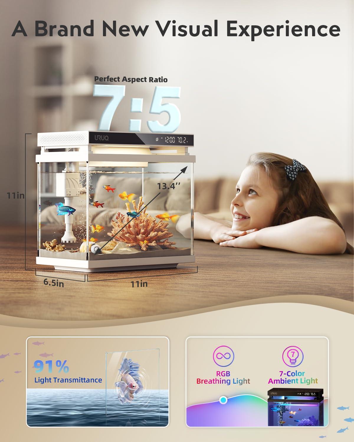 Latitude Run® Fish Tank Smart Aquarium Kit: 2 Gallon UHD Glass Silent Water Pump Self Cleaning Multi Layer Filtration System - Temperature Sensing 7-Color Lighting For Small Fish Betta Kids Room Desktop Decor