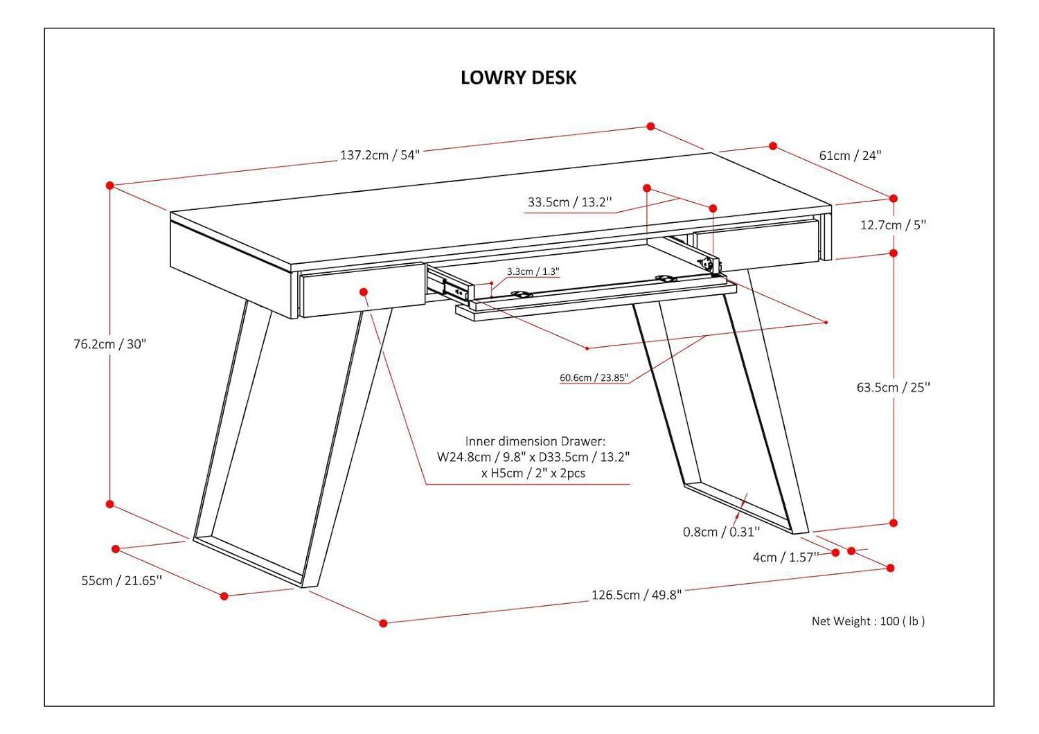 Simpli Home Lowry Solid Acacia Wood Desk, Industrial Style with Keyboard Tray and 2 Drawers