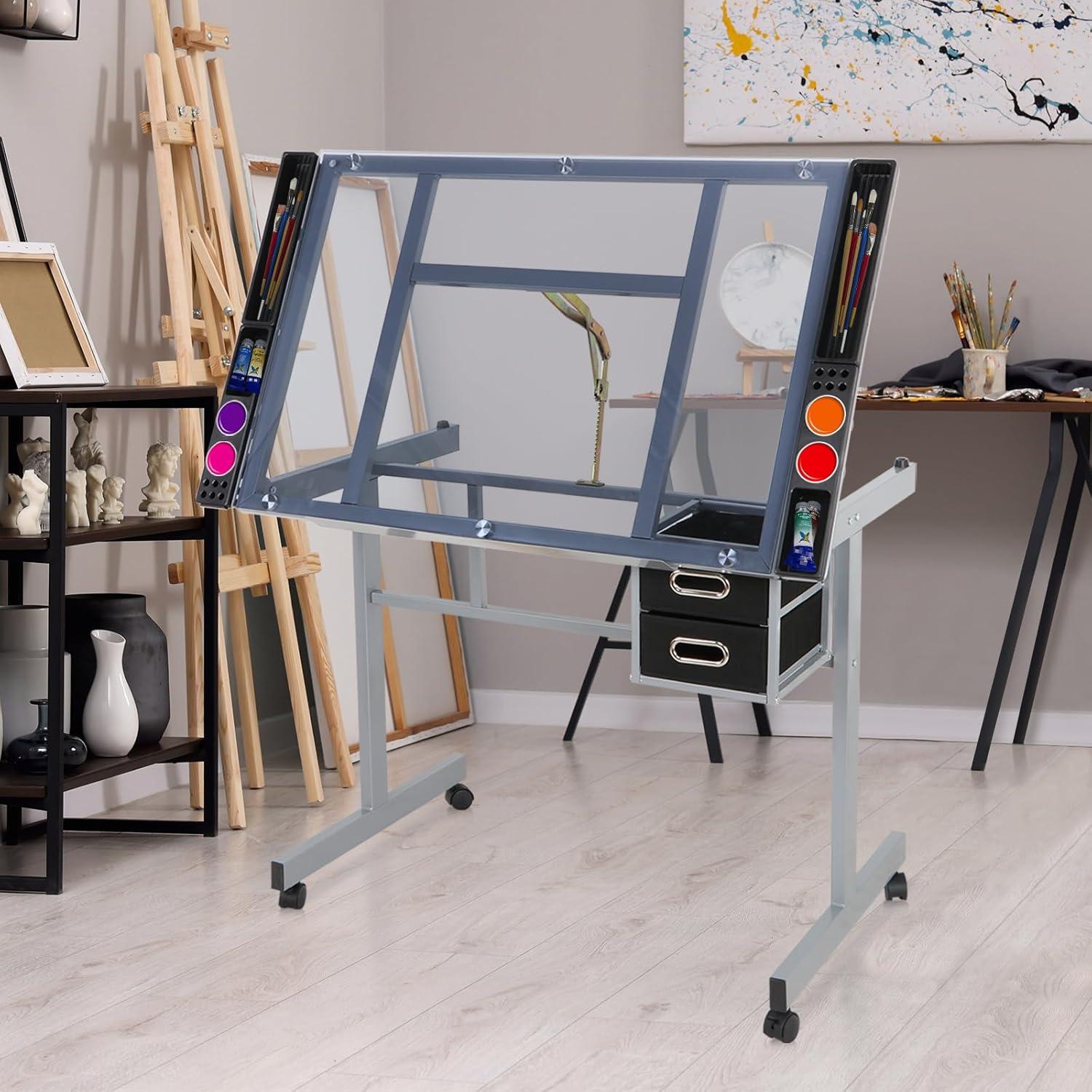 Adjustable Drafting Table Drawing Desk Craft Station Drafting Desk Glass Top w/2 Slide Drawers and Wheels for Drawing, Writing, Painting Home Office