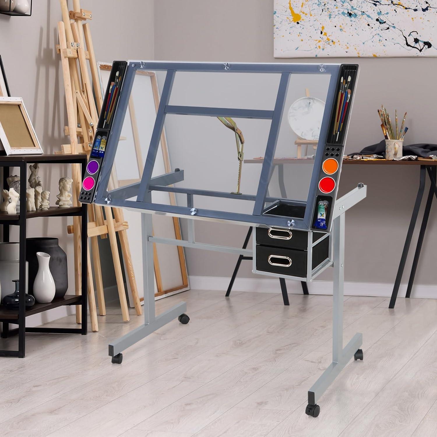 LEMY Drafting Table Adjustable Tilting Tabletop, Artist Drawing Desk with Slide Storage Drawers and Wheels, Art Craft Station for Home Office