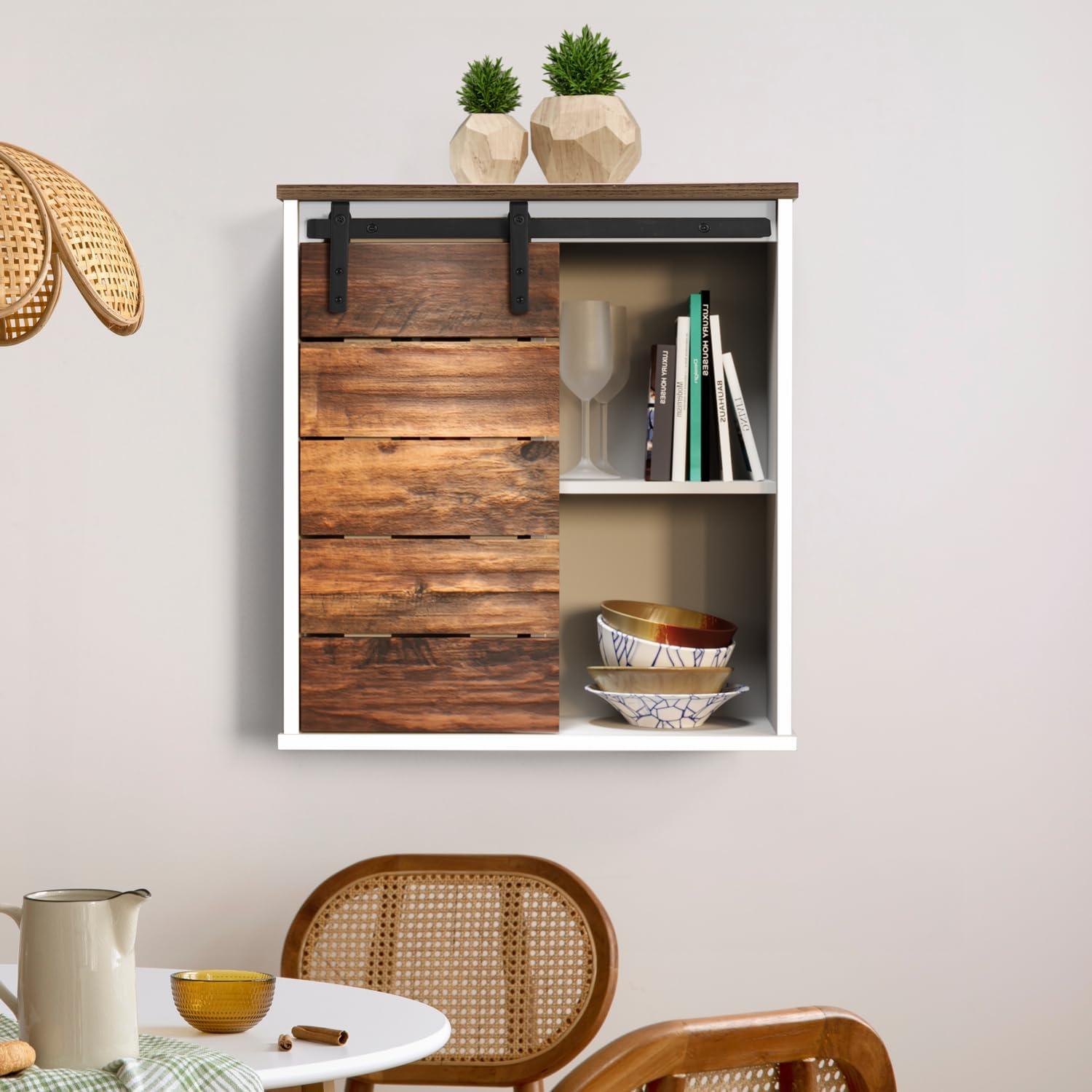 White and Brown Wood Wall Mounted Bathroom Cabinet with Sliding Barn Door