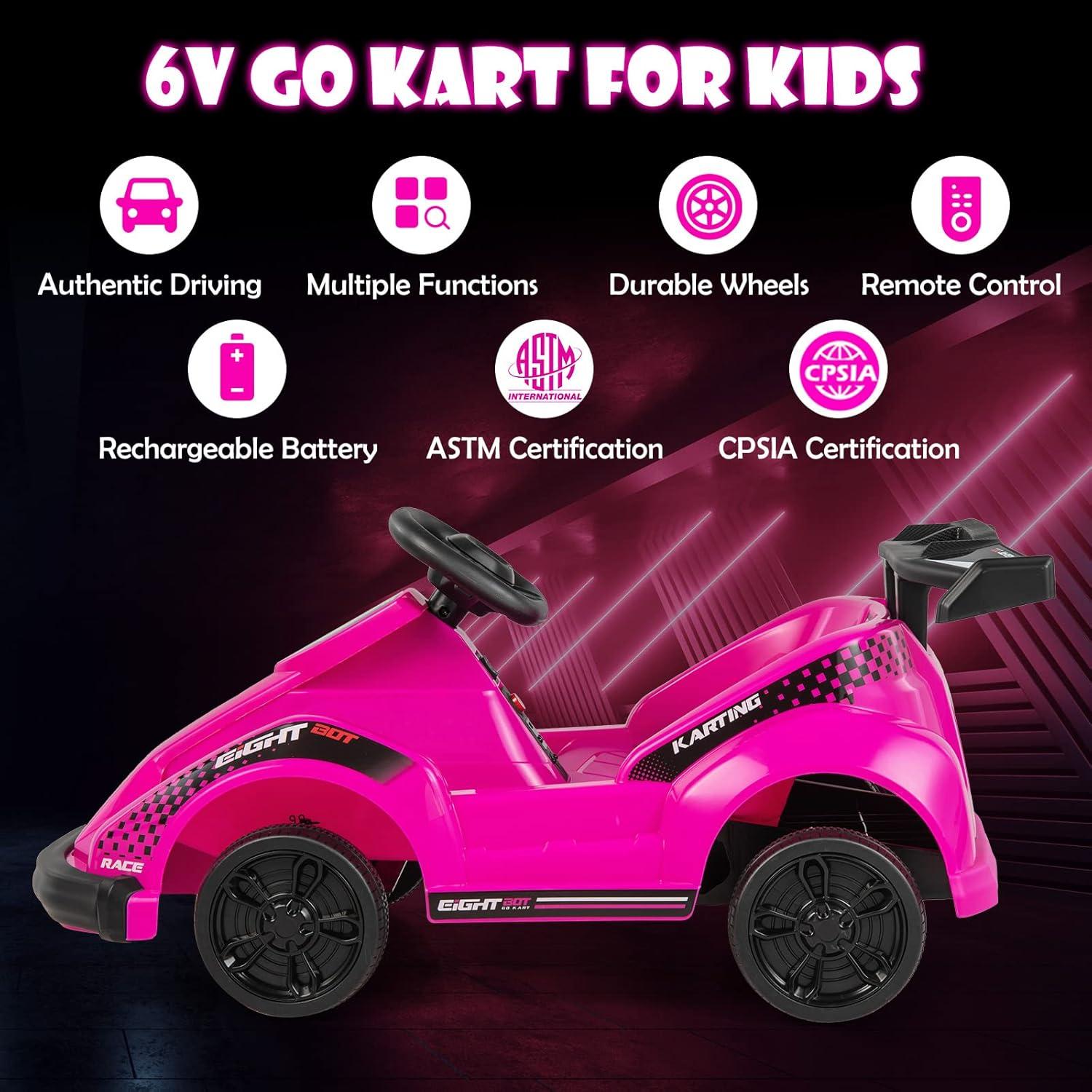 Costway 6V Electric Go Kart for Kids Electric Ride On Car w/ 2.4G Remote Control w/Soft Start Sound and Music Function Pink