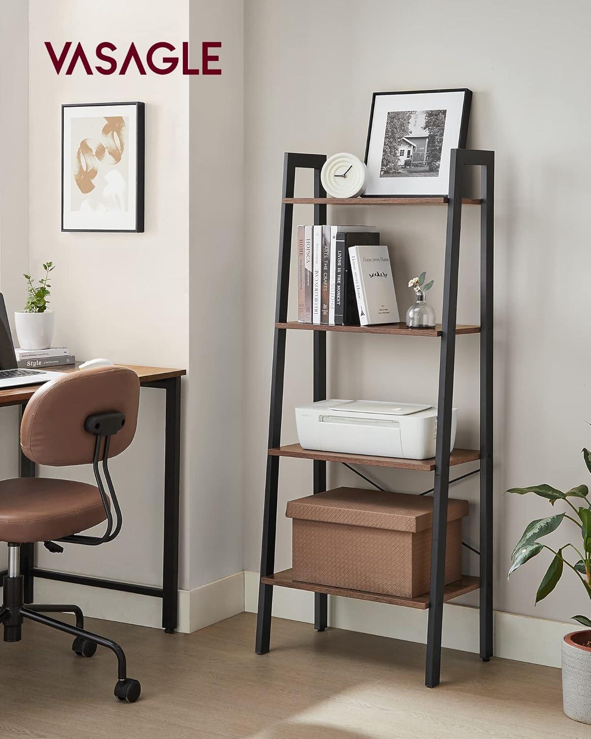 Hazelnut Brown and Black 4-Tier Ladder Bookshelf with Steel Frame