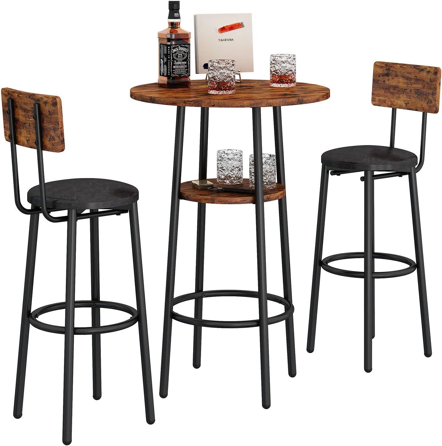 paproos Round Bar Table Set for 2, 3 Pcs Pub Bistro Table and PU Upholstered Stools with Backrest, Industrial Counter Height Dining Table and Chairs for Kitchen Breakfast Nook Balcony, Brown