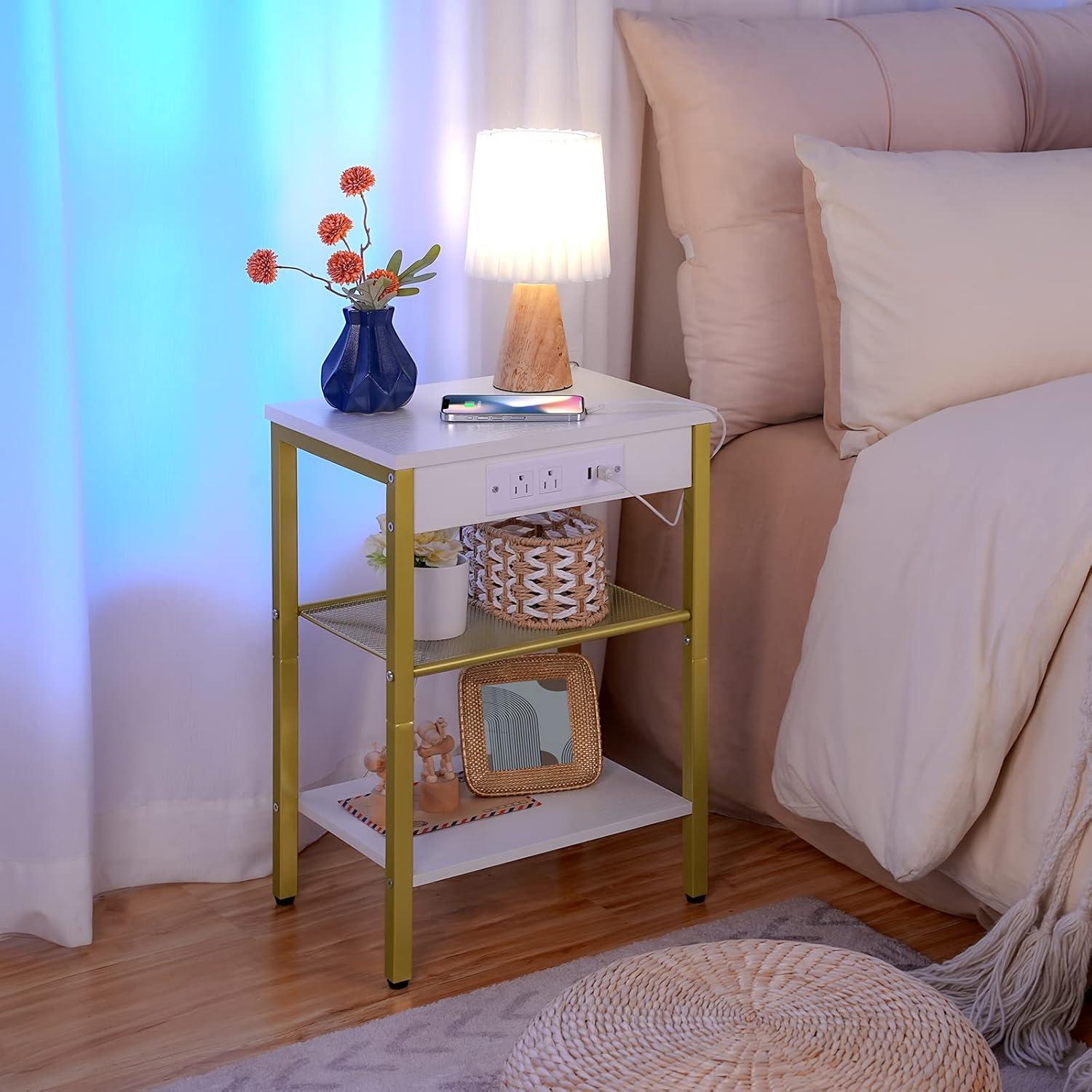 End Tables Set of 2 with Charging Station and USB Ports, 3-Tier Nightstands with Adjustable Shelves, Small Side Tables for Small Space in Living Room, Bedroom, White and Gold DW112BZP201G1