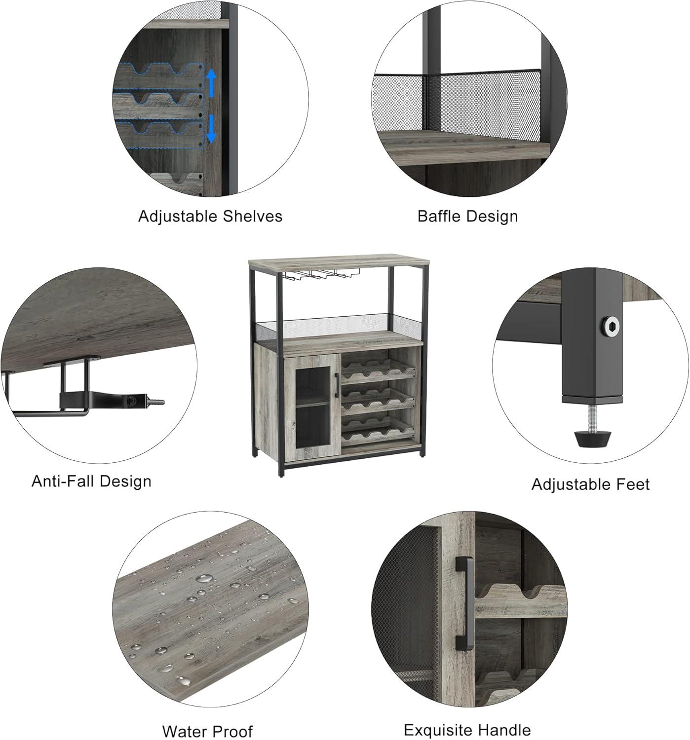 GAOMON Wine Bar Cabinet with Removable Wine Racks and 1 Drawer,Bar Cabinet with Glass Holder and Mesh Door for Liquor and Glasses (Grey)