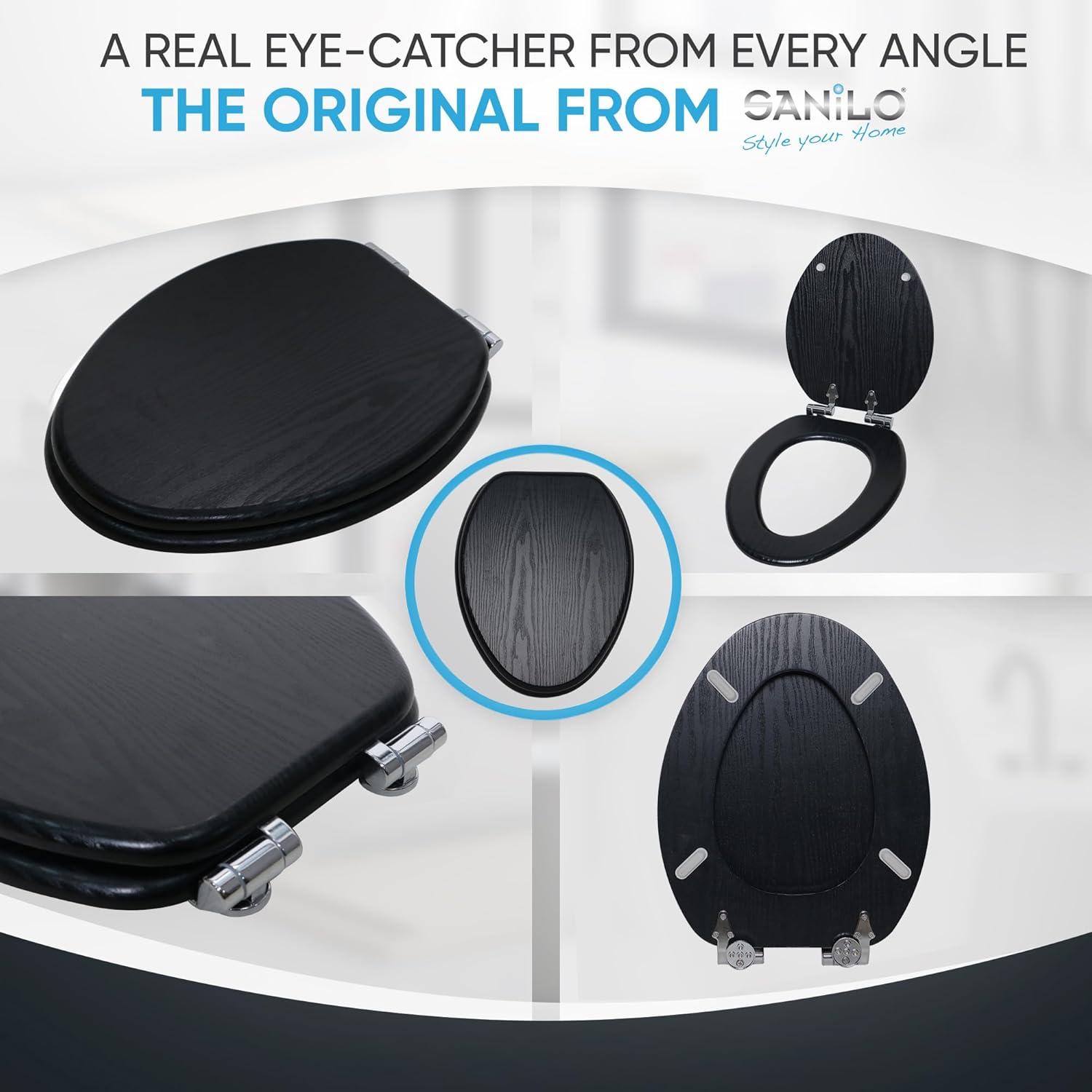 Sanilo Soft Close Toilet Seat ELONGATED, Quiet and Slow Close Lid and Seat, Strong Bumpers and Hinges, Black Wood