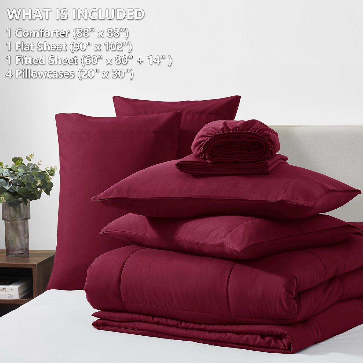 CozyLux Burgundy Comforter Set Queen 7 Pieces Red Comforter Set Queen Bedding Sets Maroon Wine with All Season Quilted Comforter, Flat Sheet, Fitted Sheet, Pillowcases