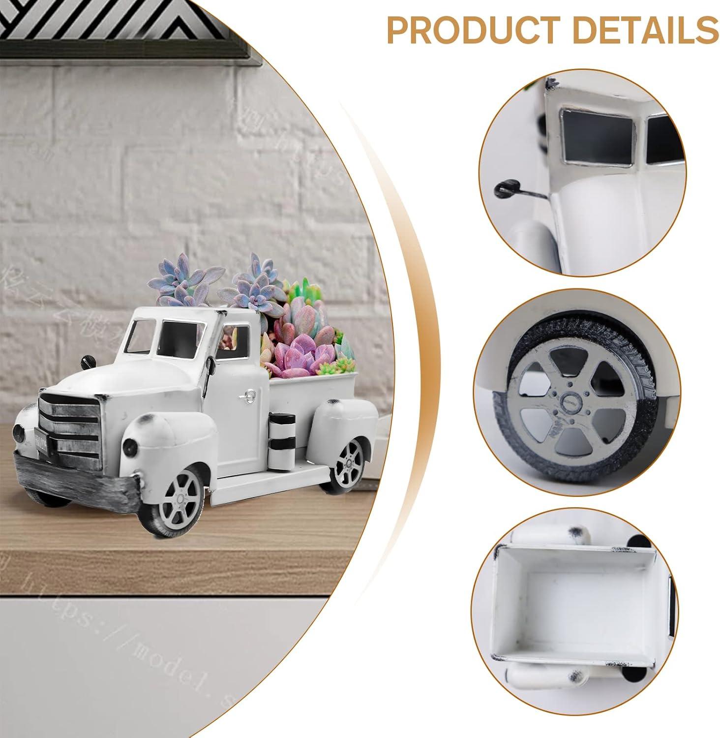 Sunflower Metal Truck with Artificial Flower Vintage Farm Pickup Farmhouse Tabletop Tiered Tray Decor, Rustic Farmhouse Decor for Table Top Decor Home Kitchen(White)