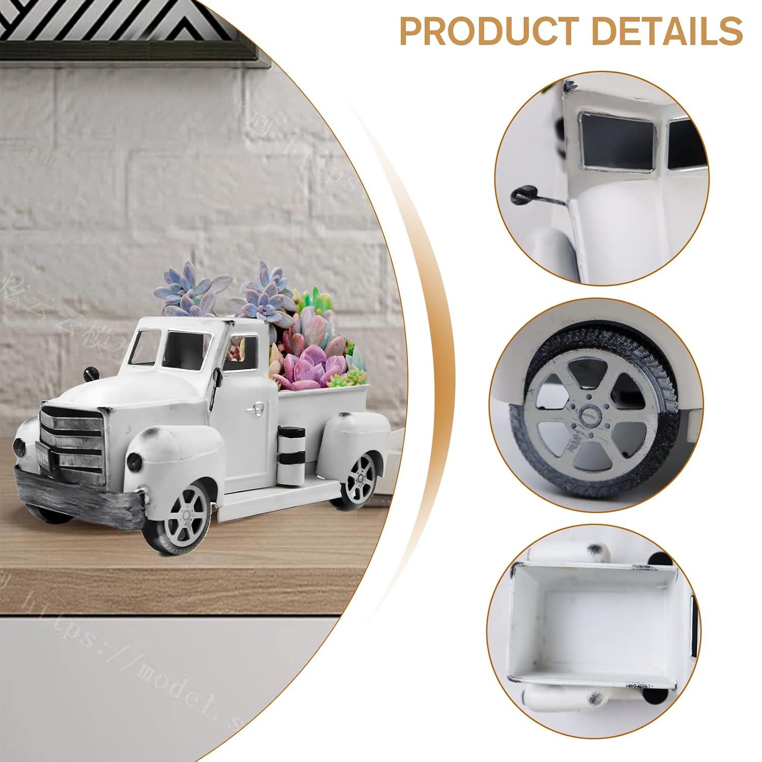 Sunflower Metal Truck with Artificial Flower Vintage Farm Pickup Farmhouse Tabletop Tiered Tray Decor, Rustic Farmhouse Decor for Table Top Decor Home Kitchen(White)