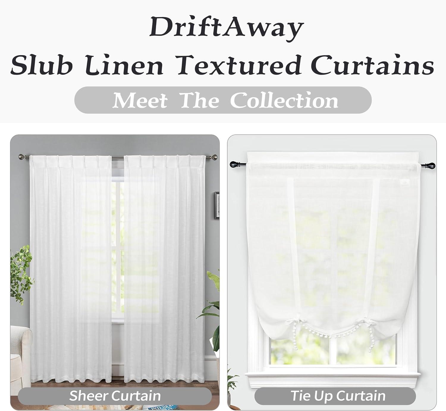 DriftAway Solid Color Faux Linen Slub Sheer Voile Tie Up Decorative Adjustable Balloon Rod Pocket Window Curtains for Small Window 25" x 47" White