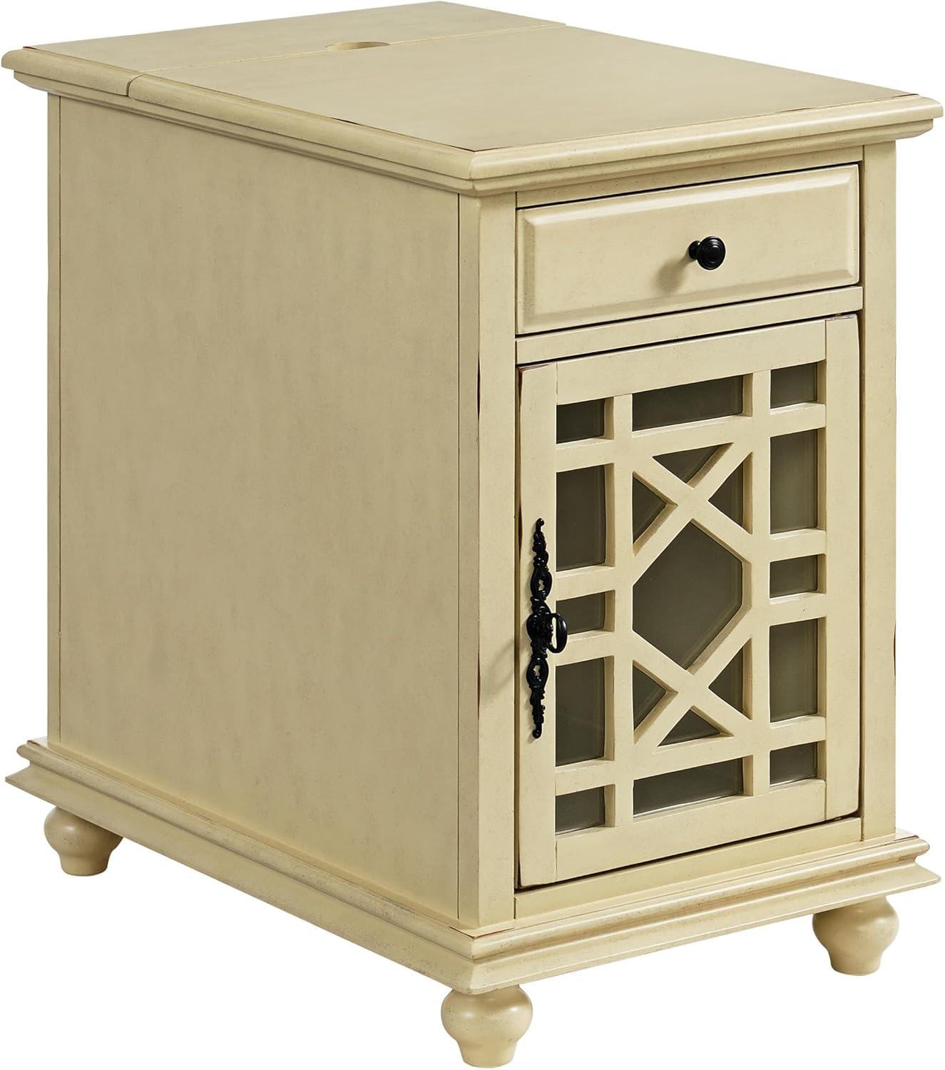 Chairside Table with 1 Drawer and 1 Trellis Door, Antique White- Saltoro Sherpi