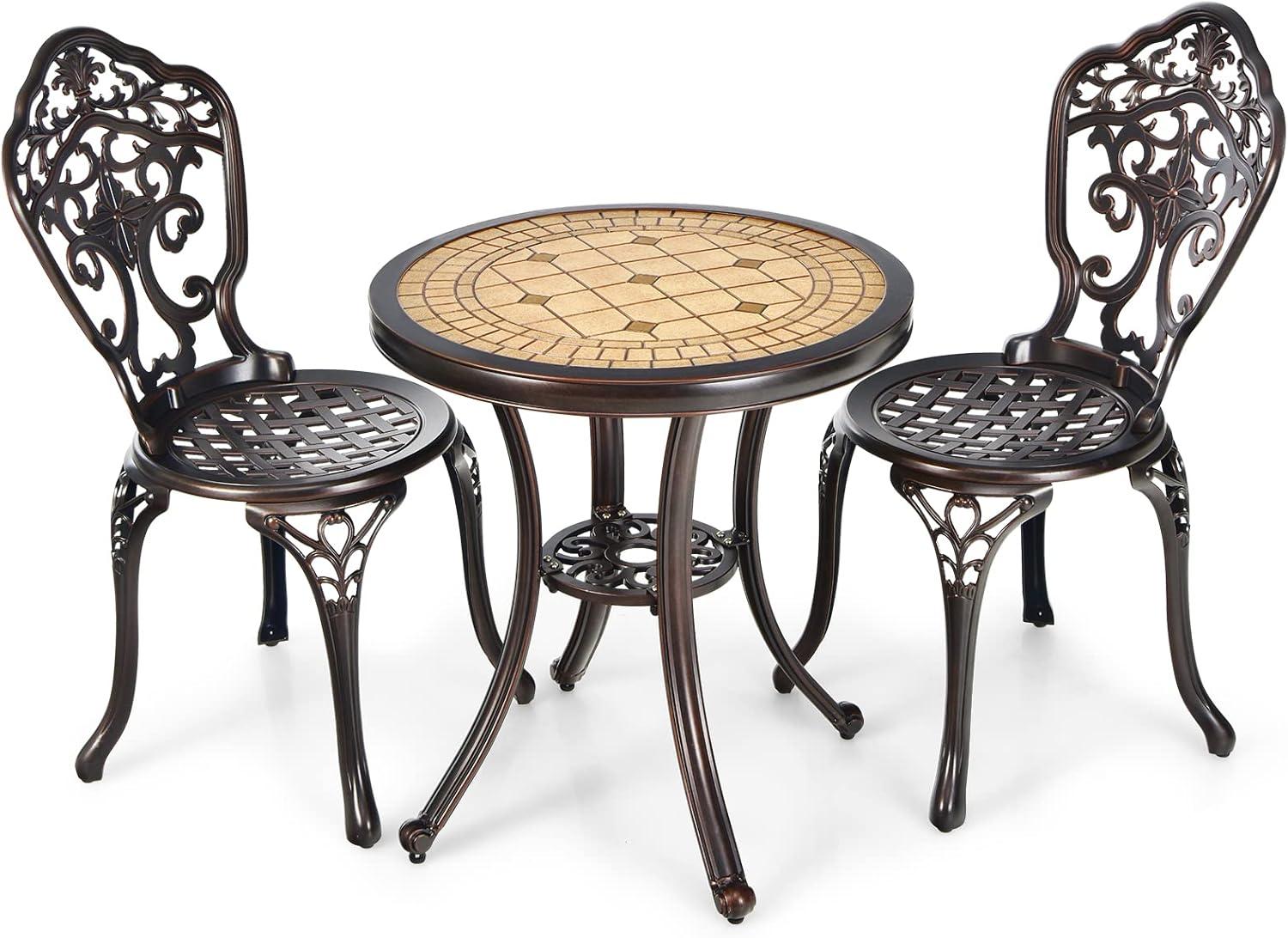 3PCS Patio Bistro Set Round Table Chairs All Weather Cast Aluminum