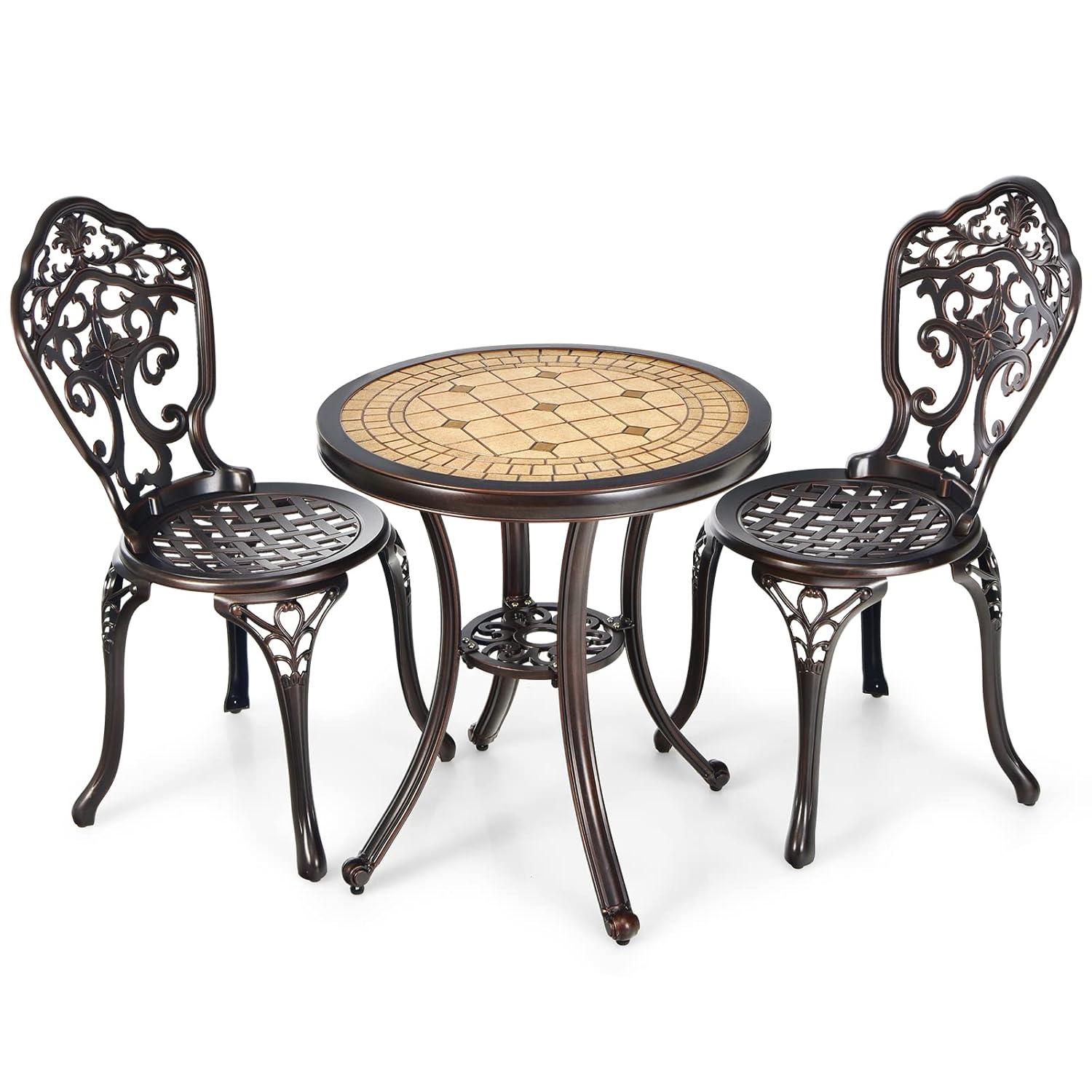 3PCS Patio Bistro Set Round Table Chairs All Weather Cast Aluminum