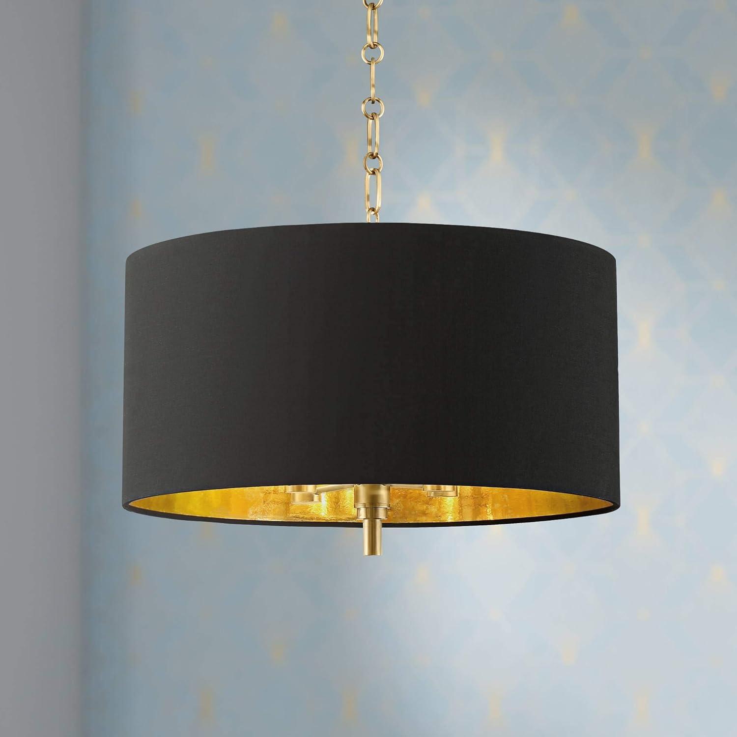 Possini Euro Design Warm Gold Pendant Chandelier 20" Wide Modern Black Fabric Drum Shade 4-Light Fixture for Dining Room Living House Kitchen Island