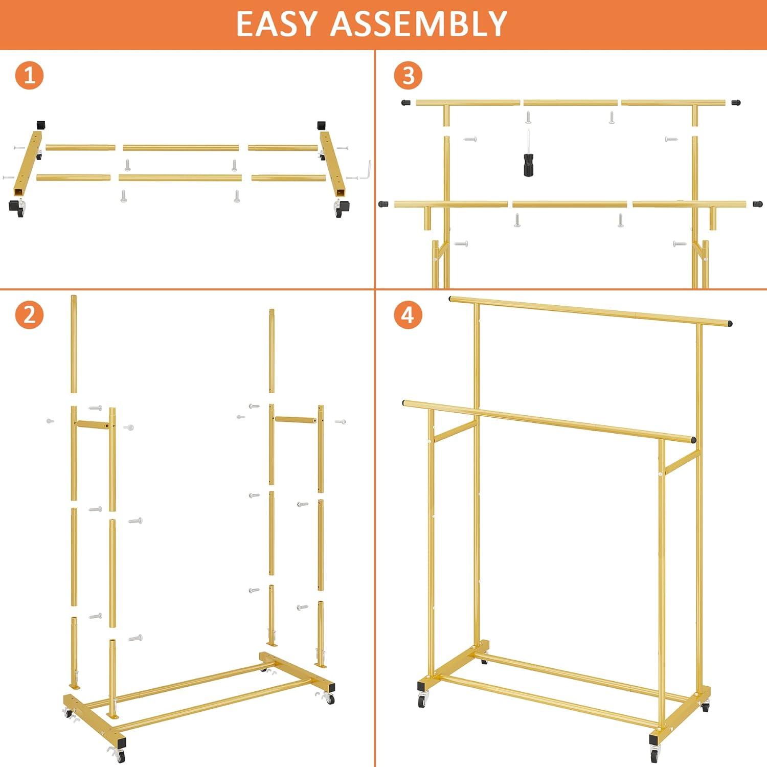Calmootey Double Rod Clothing Garment Rack,Rolling Hanging Clothes Rack,Portable Clothes Organizer for Bedroom,Living Room,Clothing Store,Gold